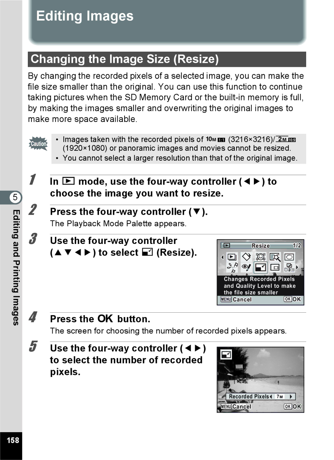 Pentax RZ10, 16841, 16826, 16811 Editing Images, Changing the Image Size Resize, To select nResize, Printing Images, 158 