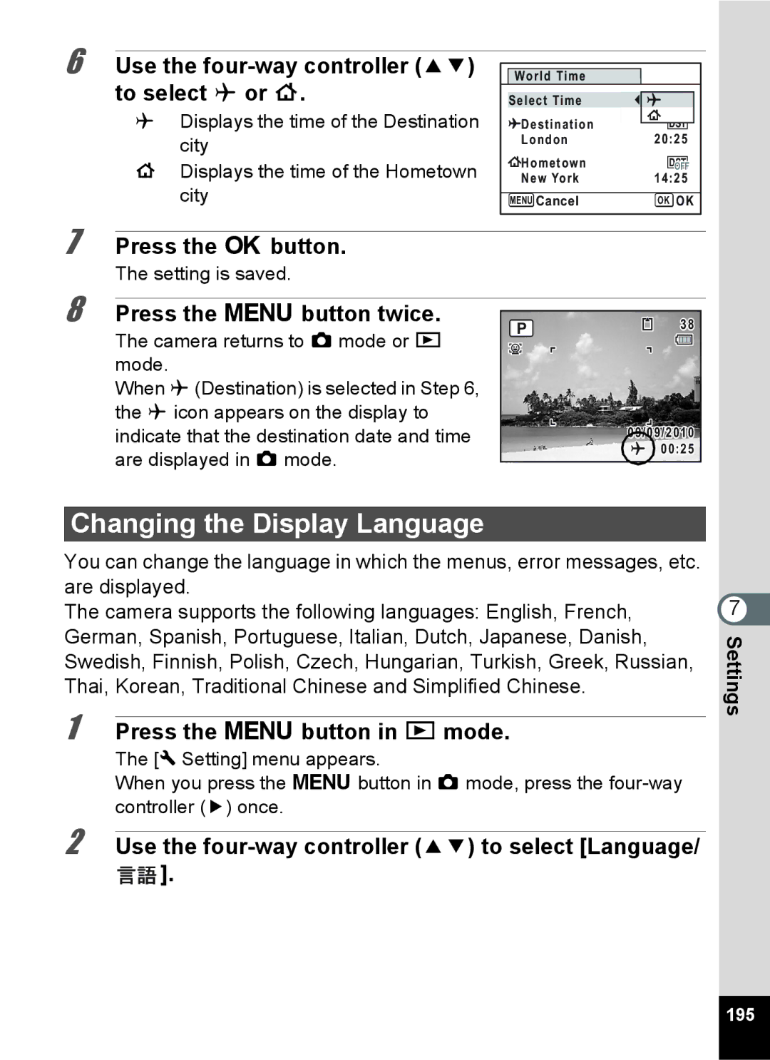 Pentax 16826 Changing the Display Language, Use the four-way controller 23 to select X or W, Are displayed in a mode, 195 