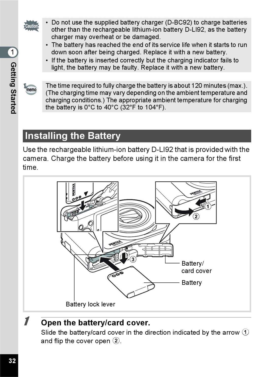 Pentax 16861, RZ10, 16841, 16826, 16811 manual Installing the Battery, Open the battery/card cover, Battery lock lever 