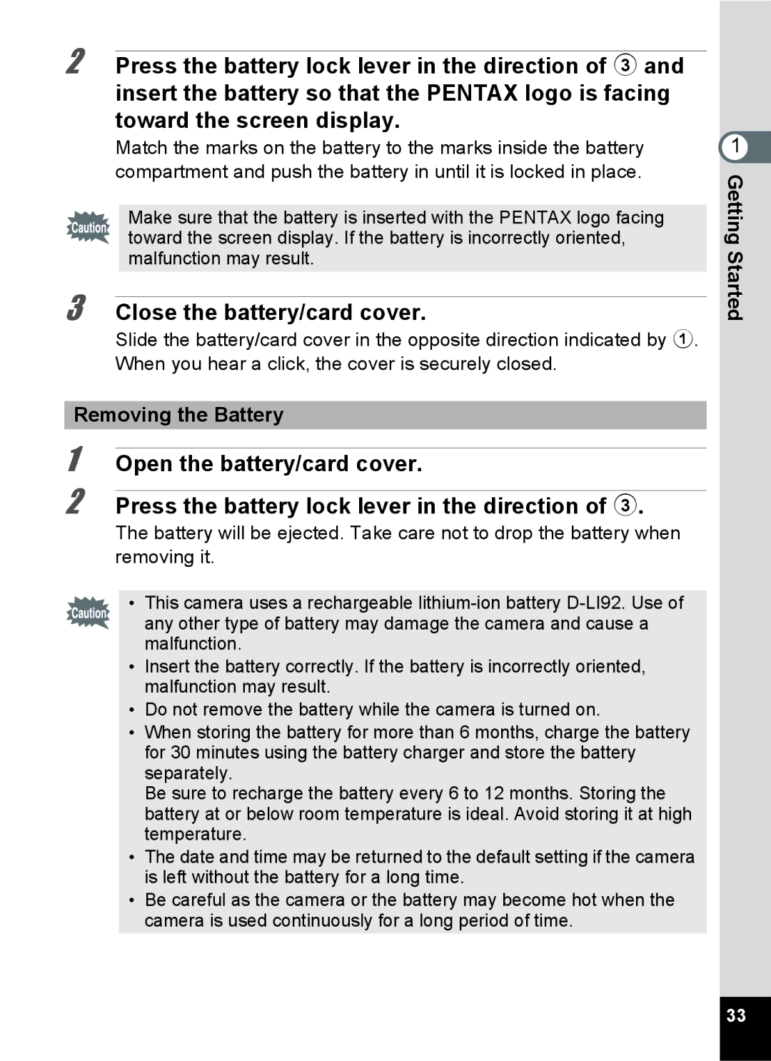 Pentax RZ10, 16841, 16826, 16811, 16861 manual Close the battery/card cover, Removing the Battery 