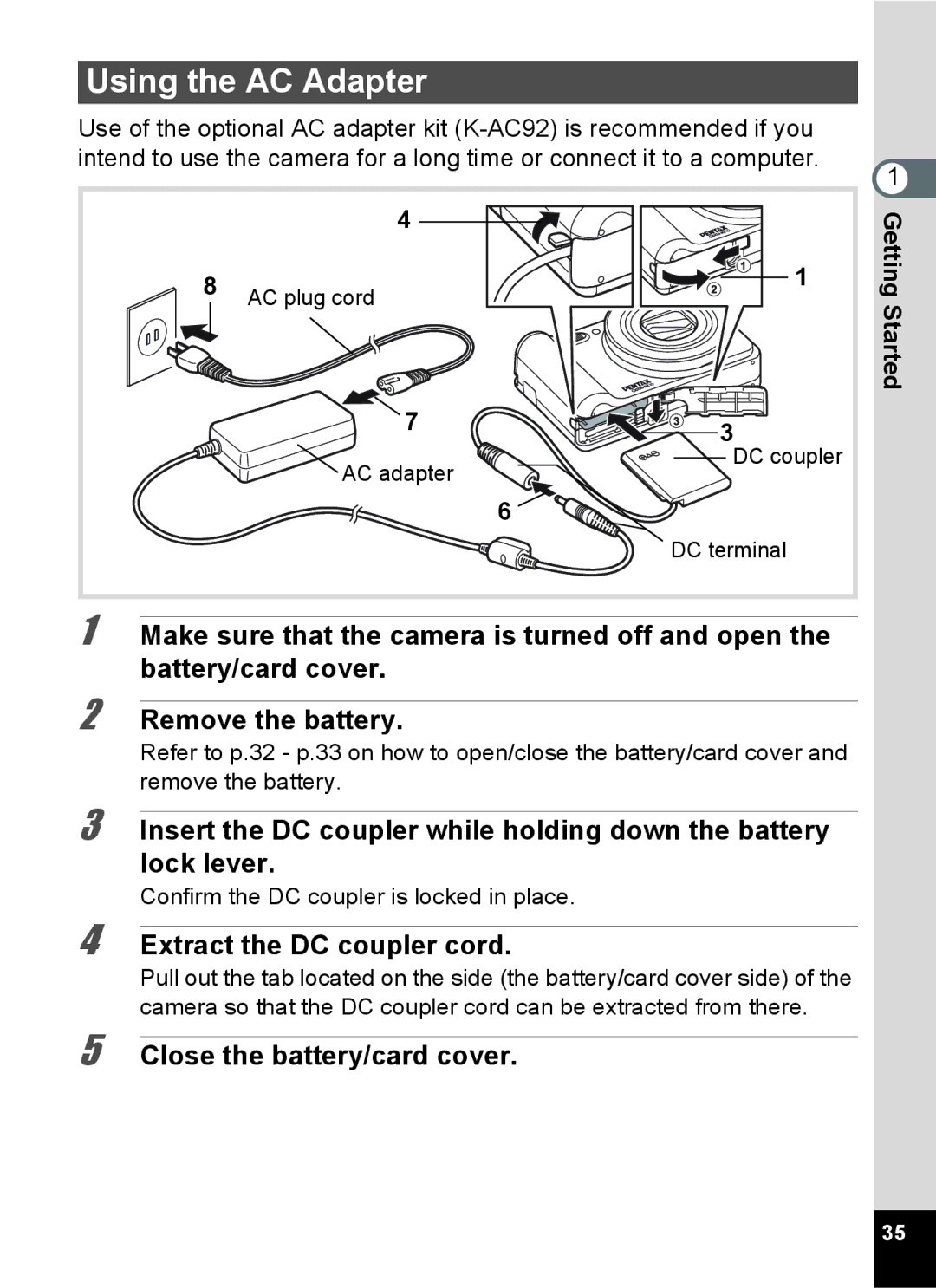 Pentax 16826 Using the AC Adapter, Extract the DC coupler cord, AC plug cord Started AC adapter DC coupler DC terminal 