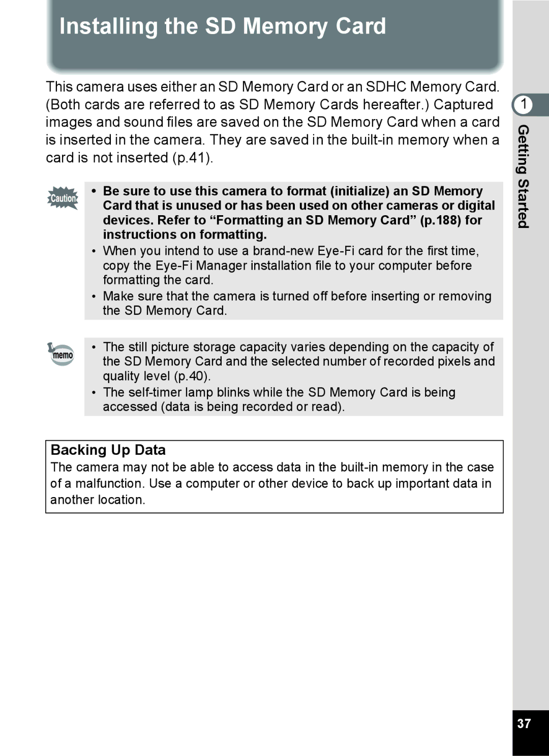 Pentax 16861, RZ10, 16841, 16826, 16811 manual Installing the SD Memory Card, Backing Up Data 