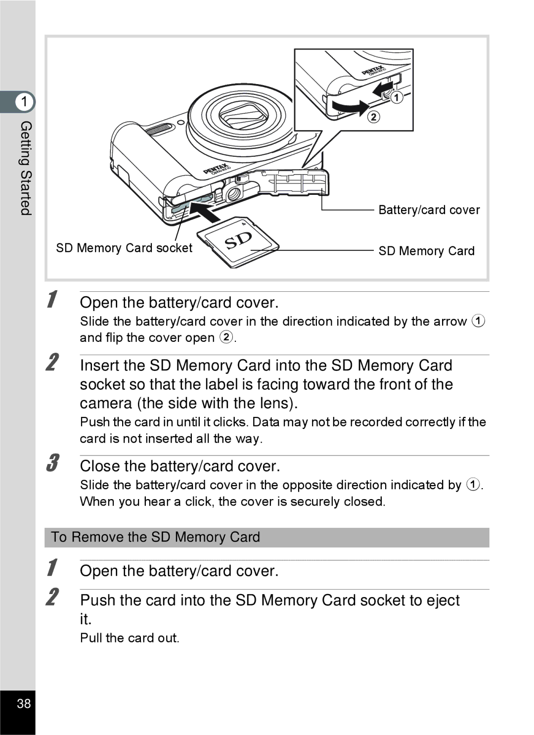 Pentax RZ10 Push the card into the SD Memory Card socket to eject it, To Remove the SD Memory Card, Pull the card out 