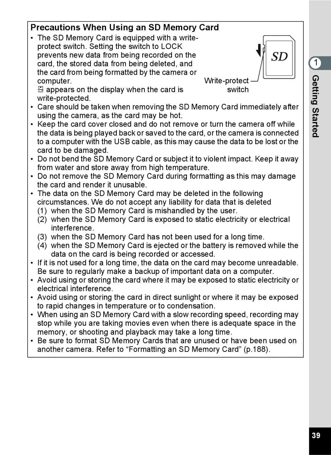 Pentax 16841, RZ10, 16826, 16811, 16861 manual Precautions When Using an SD Memory Card 