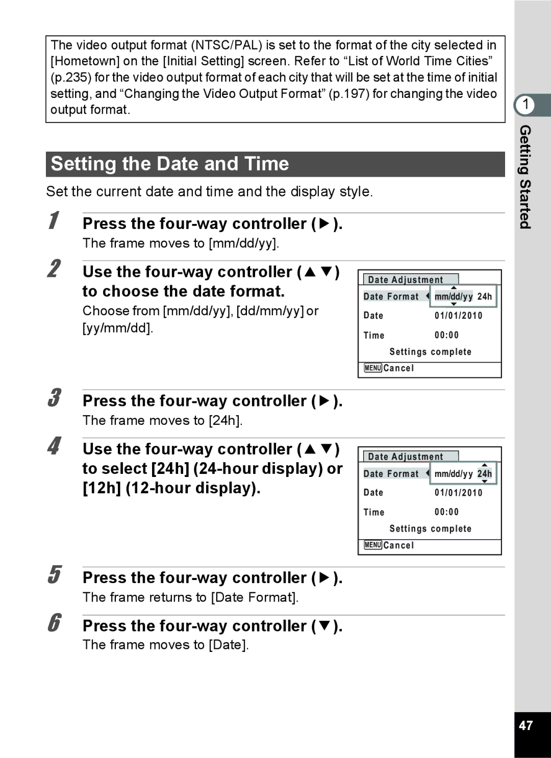 Pentax 16861, RZ10 Setting the Date and Time, Use the four-way controller, To choose the date format, 12h 12-hour display 