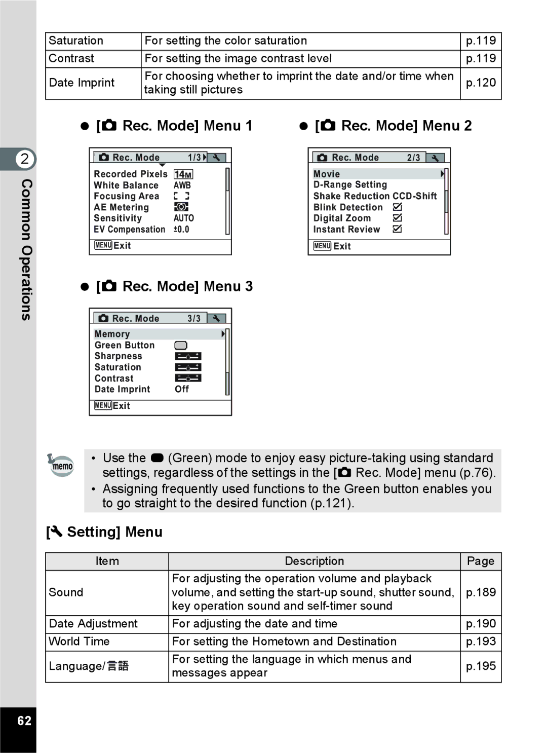 Pentax 16861, RZ10, 16841, 16826, 16811 manual Operations  a Rec. Mode Menu, Setting Menu 