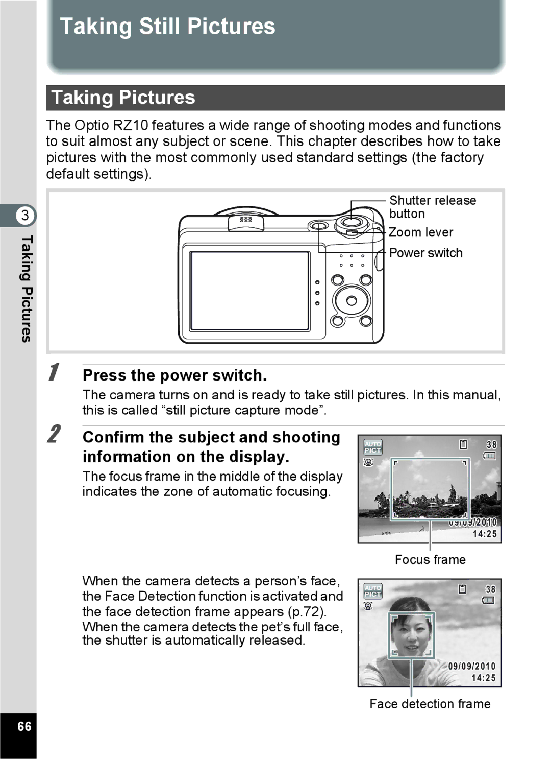 Pentax 16811, RZ10 Taking Still Pictures, Taking Pictures, Confirm the subject and shooting Information on the display 