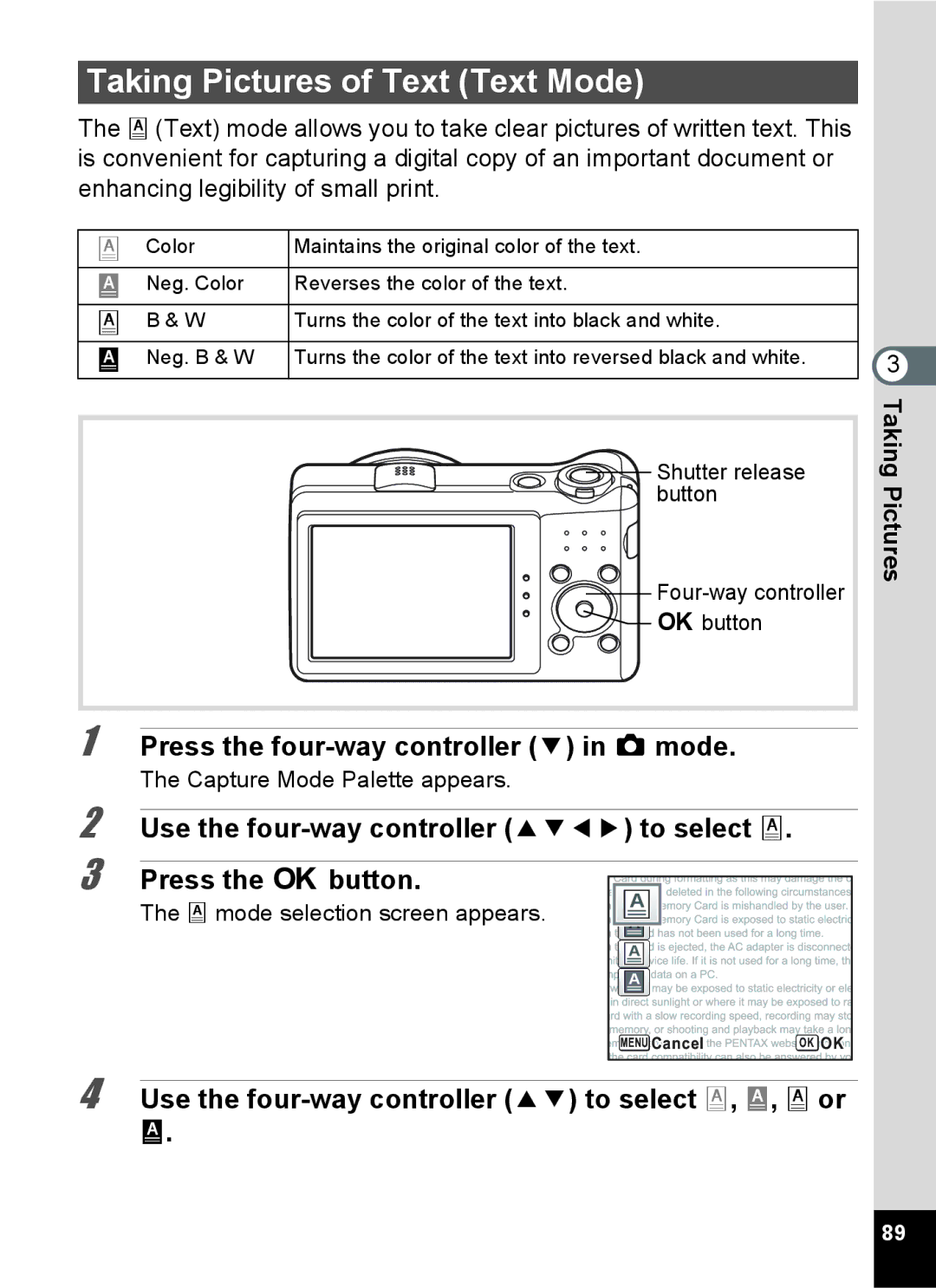 Pentax 16841, RZ10, 16826, 16811 Taking Pictures of Text Text Mode, Use the four-way controller 23 to select c, d, c or d 