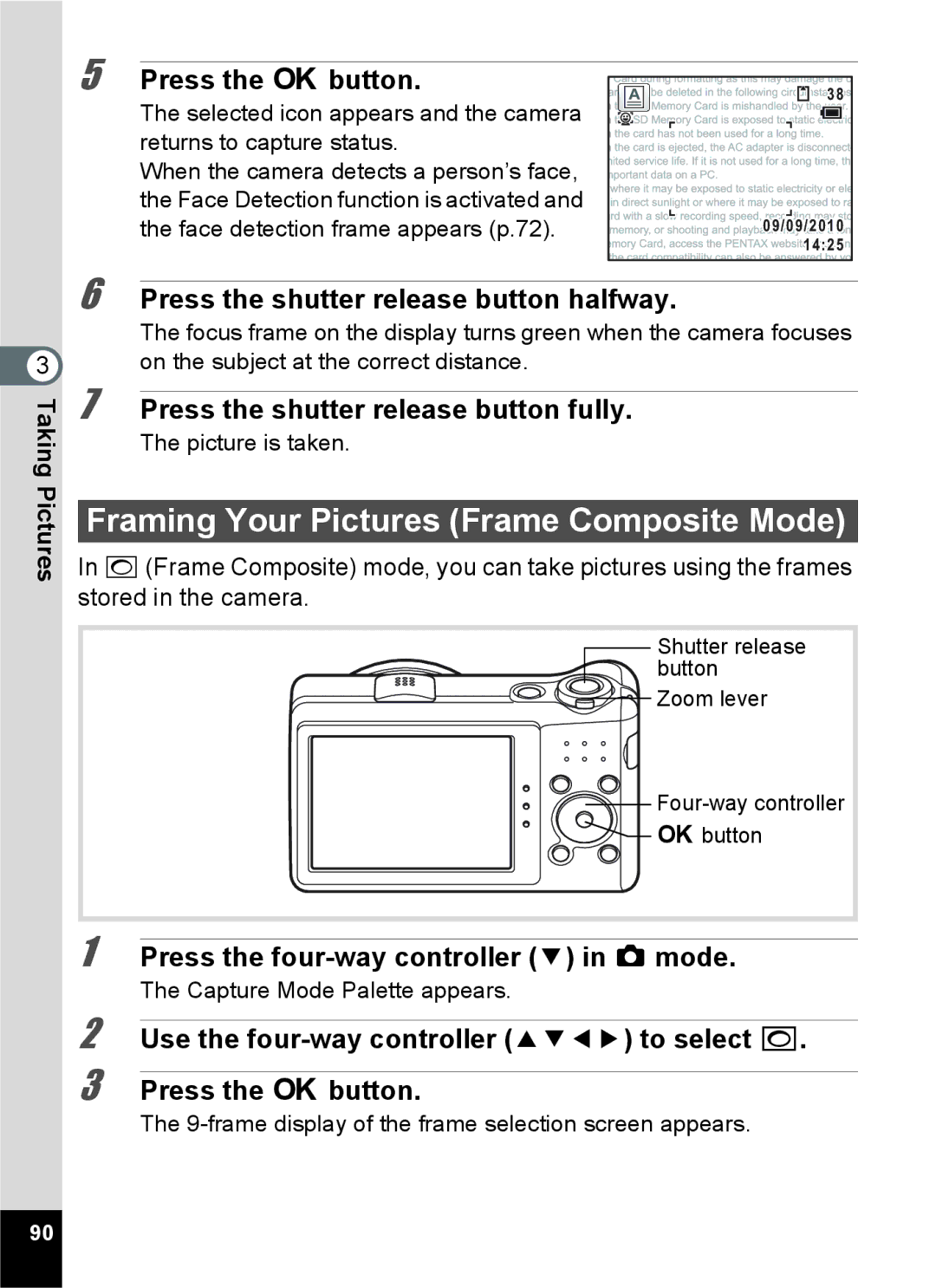 Pentax 16826, RZ10, 16841 Framing Your Pictures Frame Composite Mode, Shutter release Button Zoom lever Four-way controller 