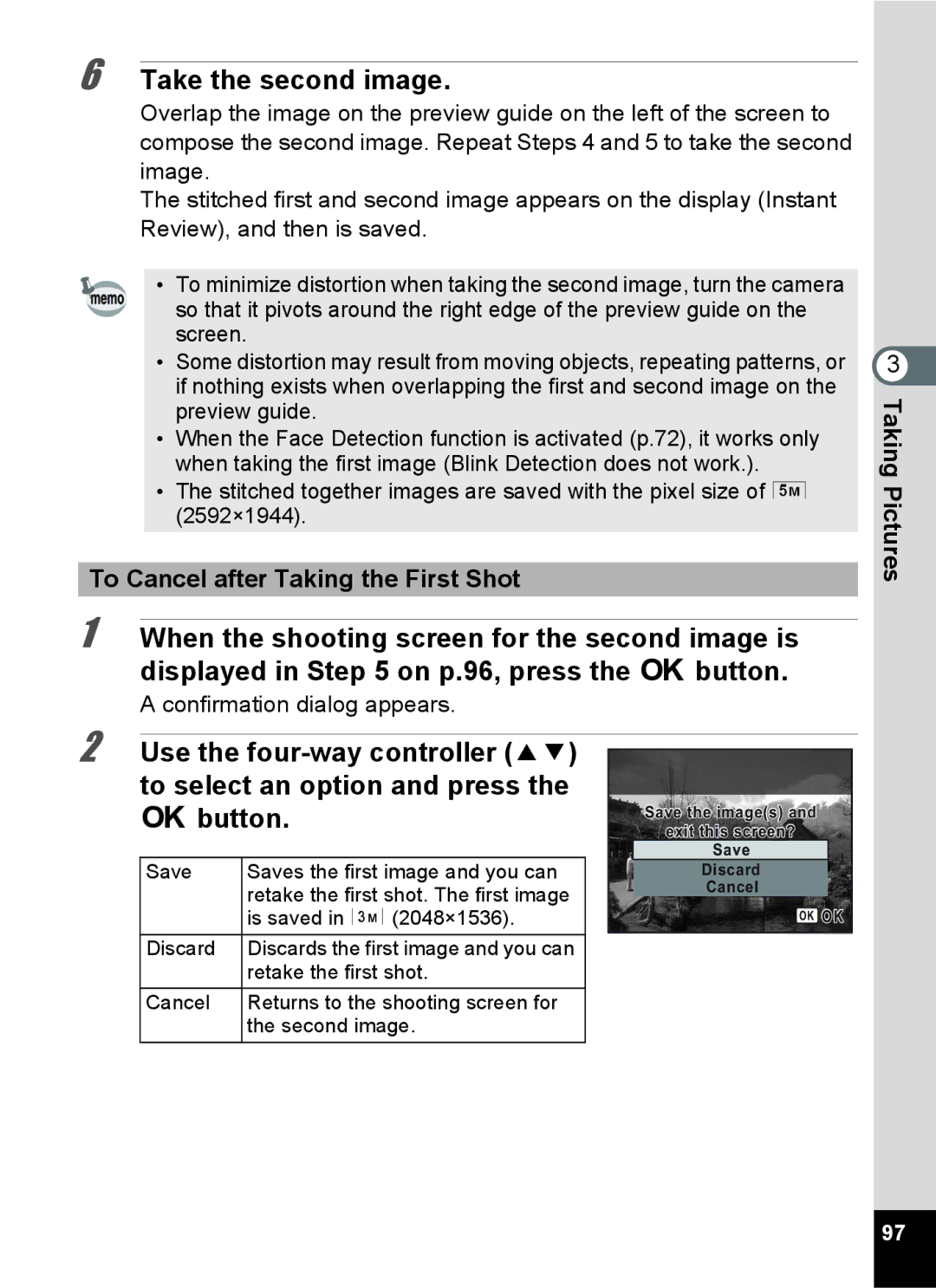 Pentax 16861, RZ10, 16841, 16826 Take the second image, To Cancel after Taking the First Shot, Confirmation dialog appears 