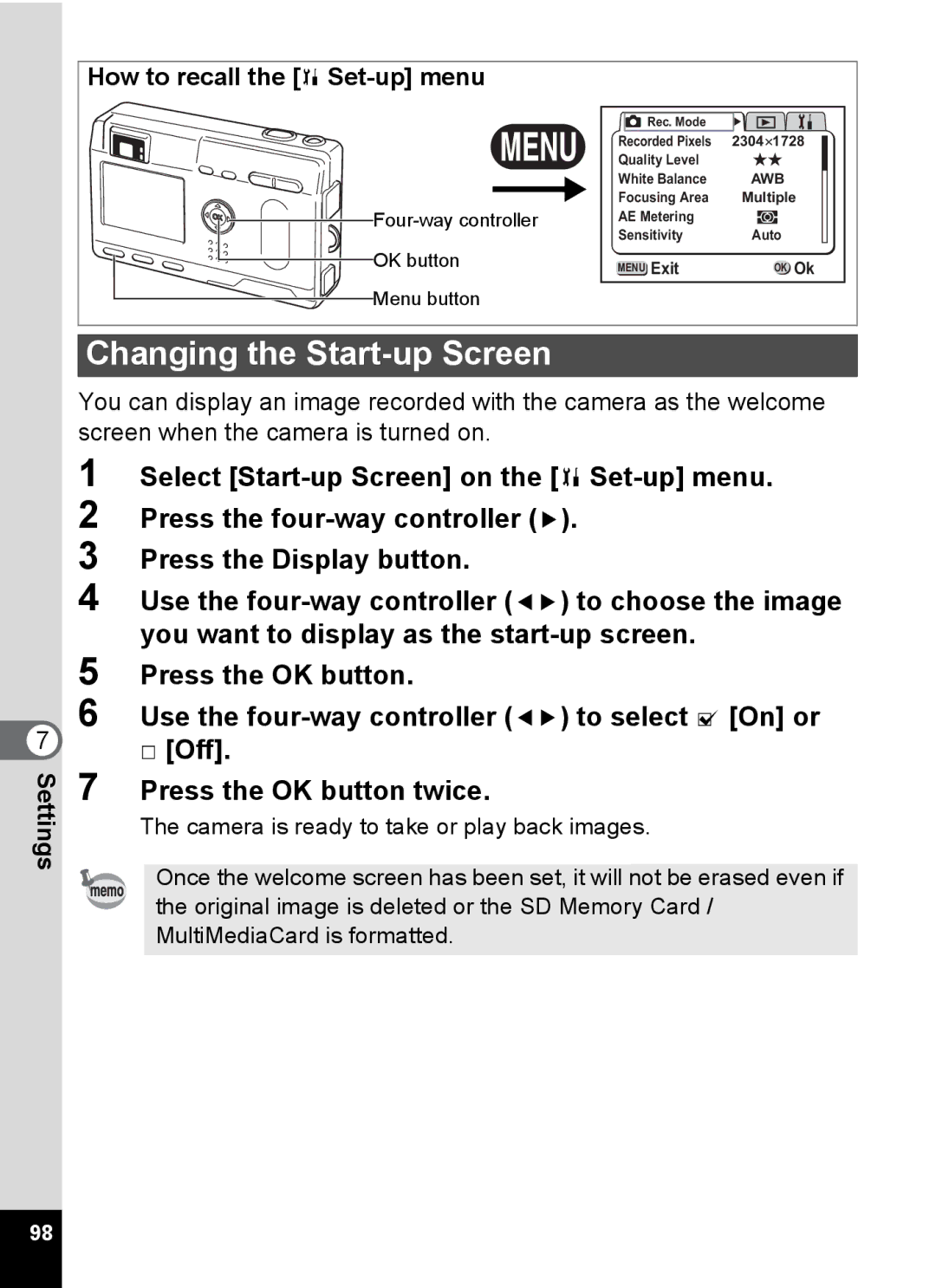 Pentax S4 manual Changing the Start-up Screen 