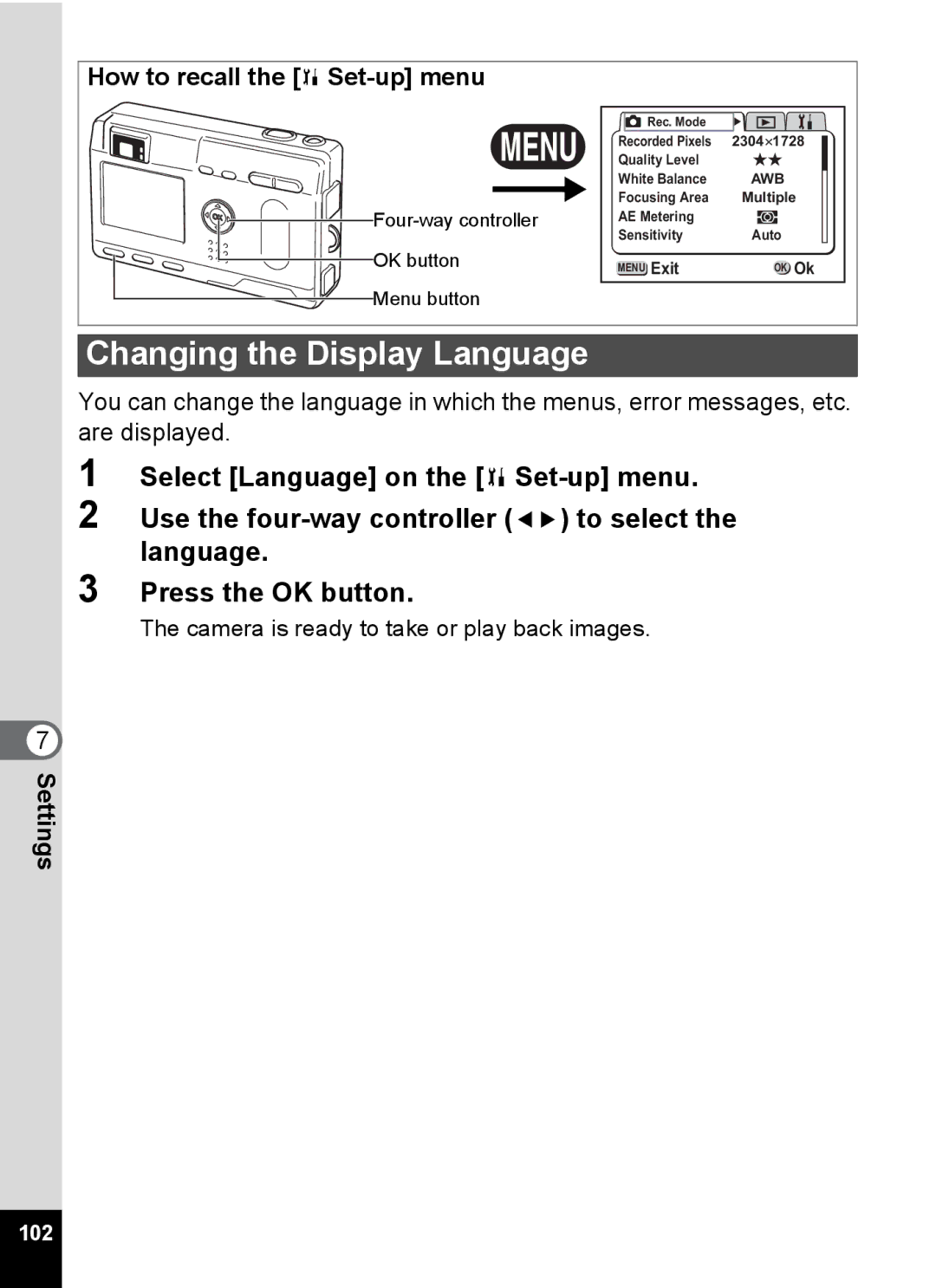 Pentax S4 manual Changing the Display Language, 102 