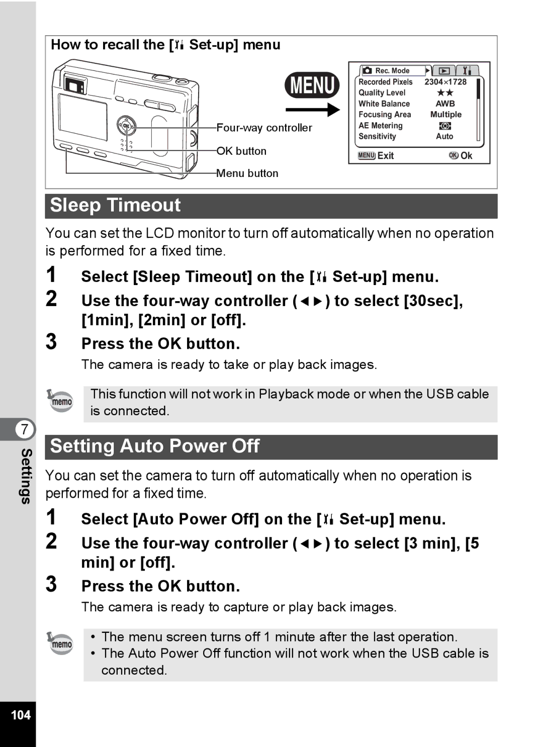 Pentax S4 manual Sleep Timeout, Setting Auto Power Off 