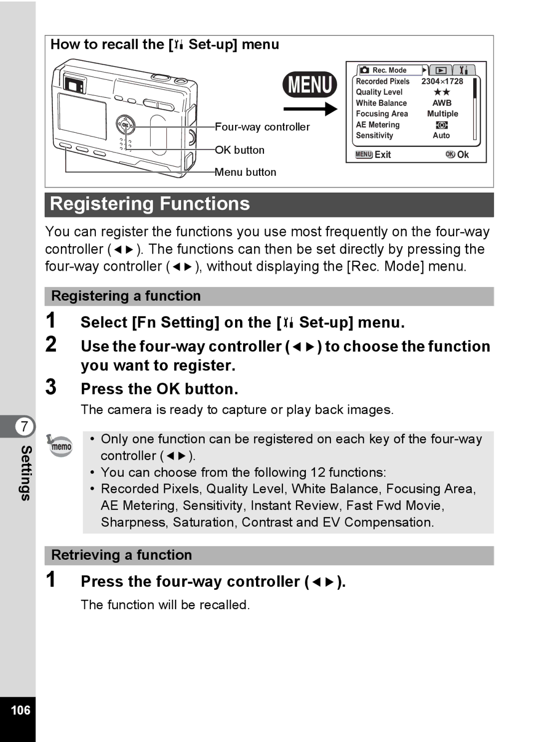 Pentax S4 manual Registering Functions, Registering a function, Retrieving a function 