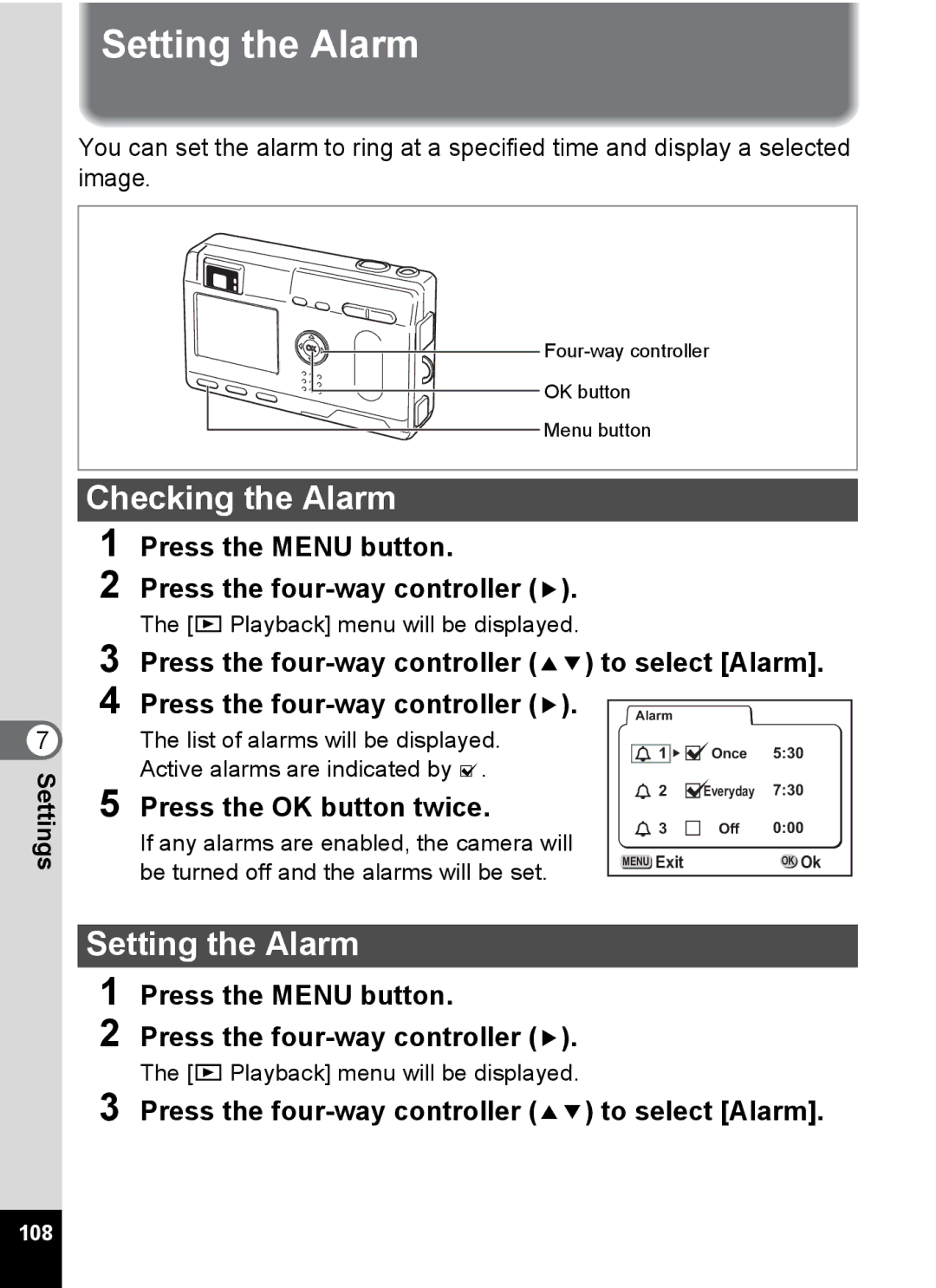 Pentax S4 manual Setting the Alarm, Checking the Alarm, Press the four-way controller 23 to select Alarm 