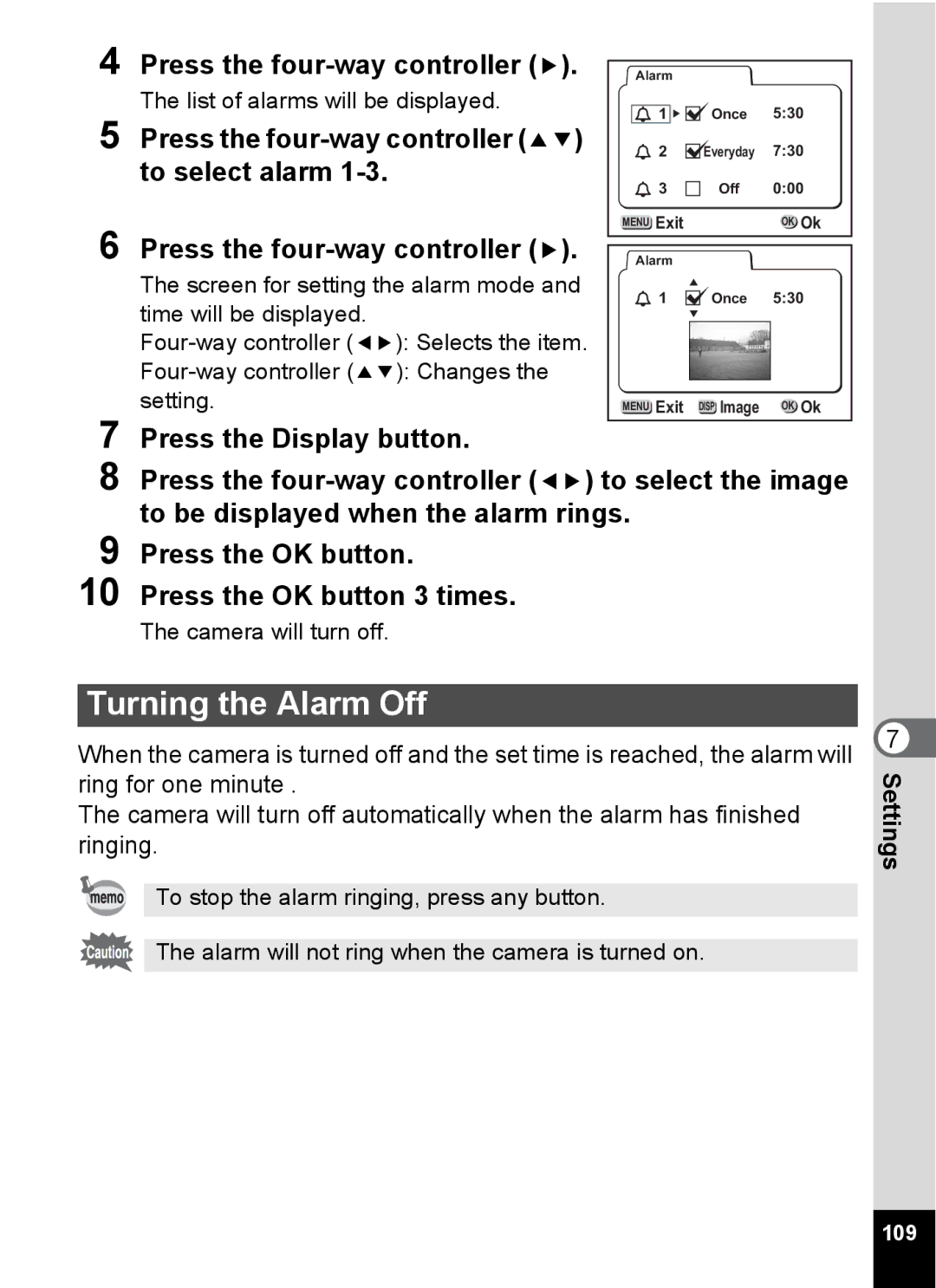 Pentax S4 manual Turning the Alarm Off, To select alarm 