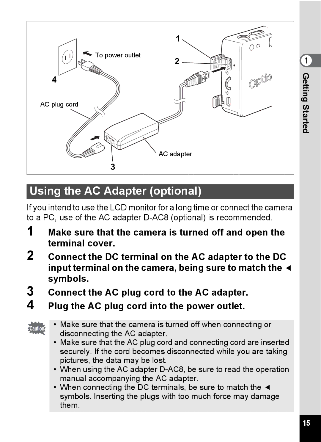 Pentax S4 manual Using the AC Adapter optional 