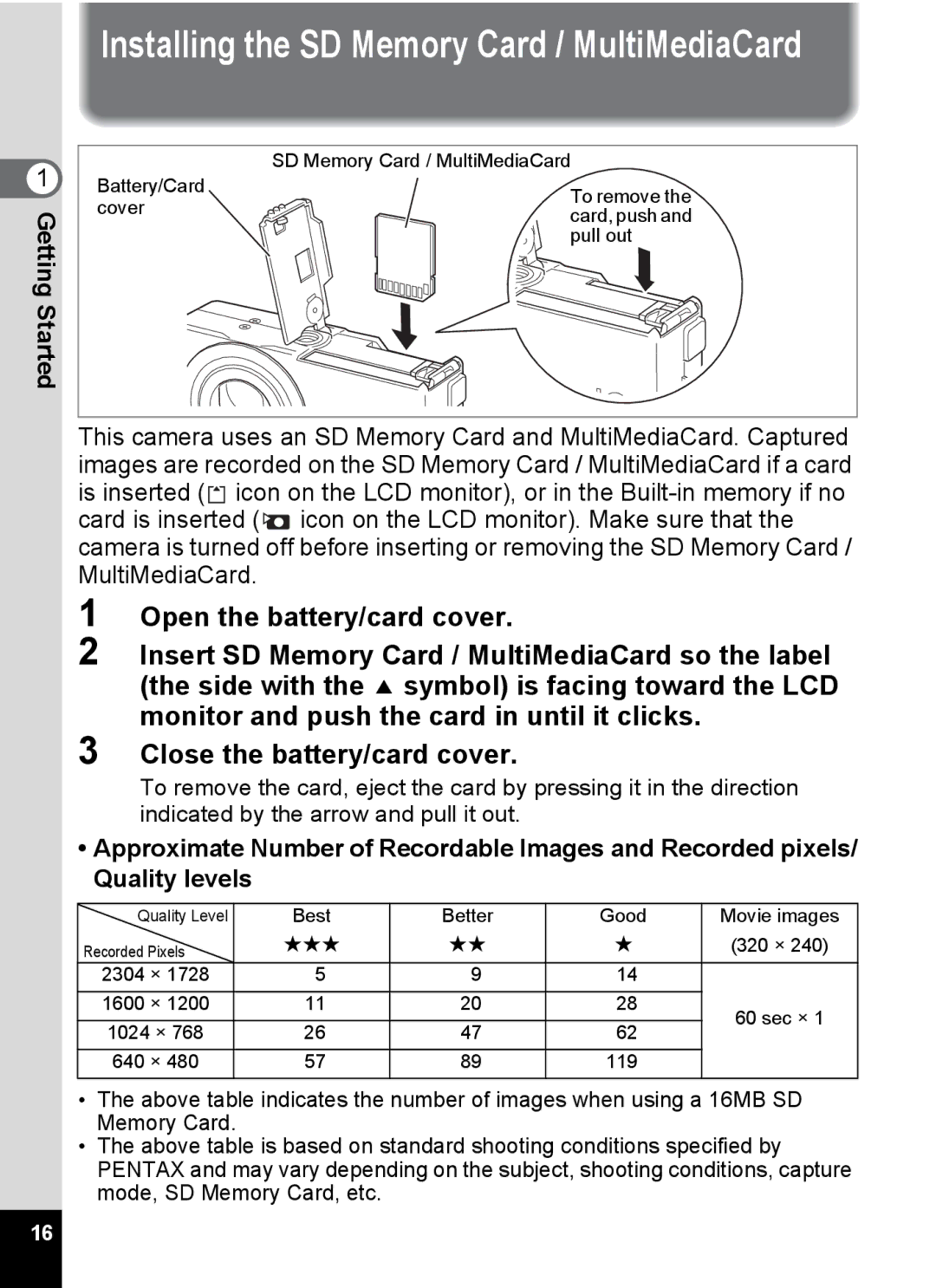 Pentax S4 manual Installing the SD Memory Card / MultiMediaCard 