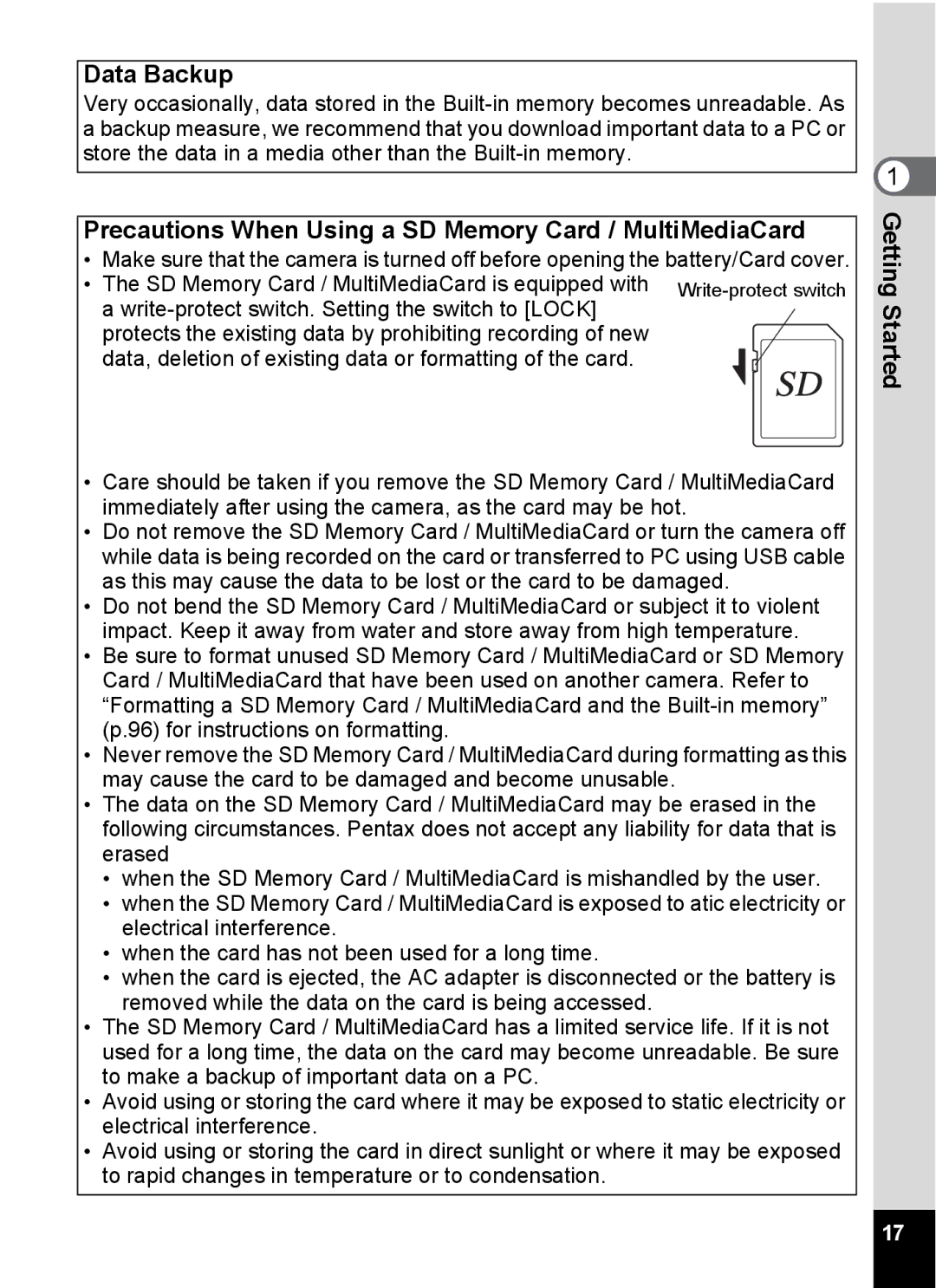 Pentax S4 manual Data Backup, Precautions When Using a SD Memory Card / MultiMediaCard 