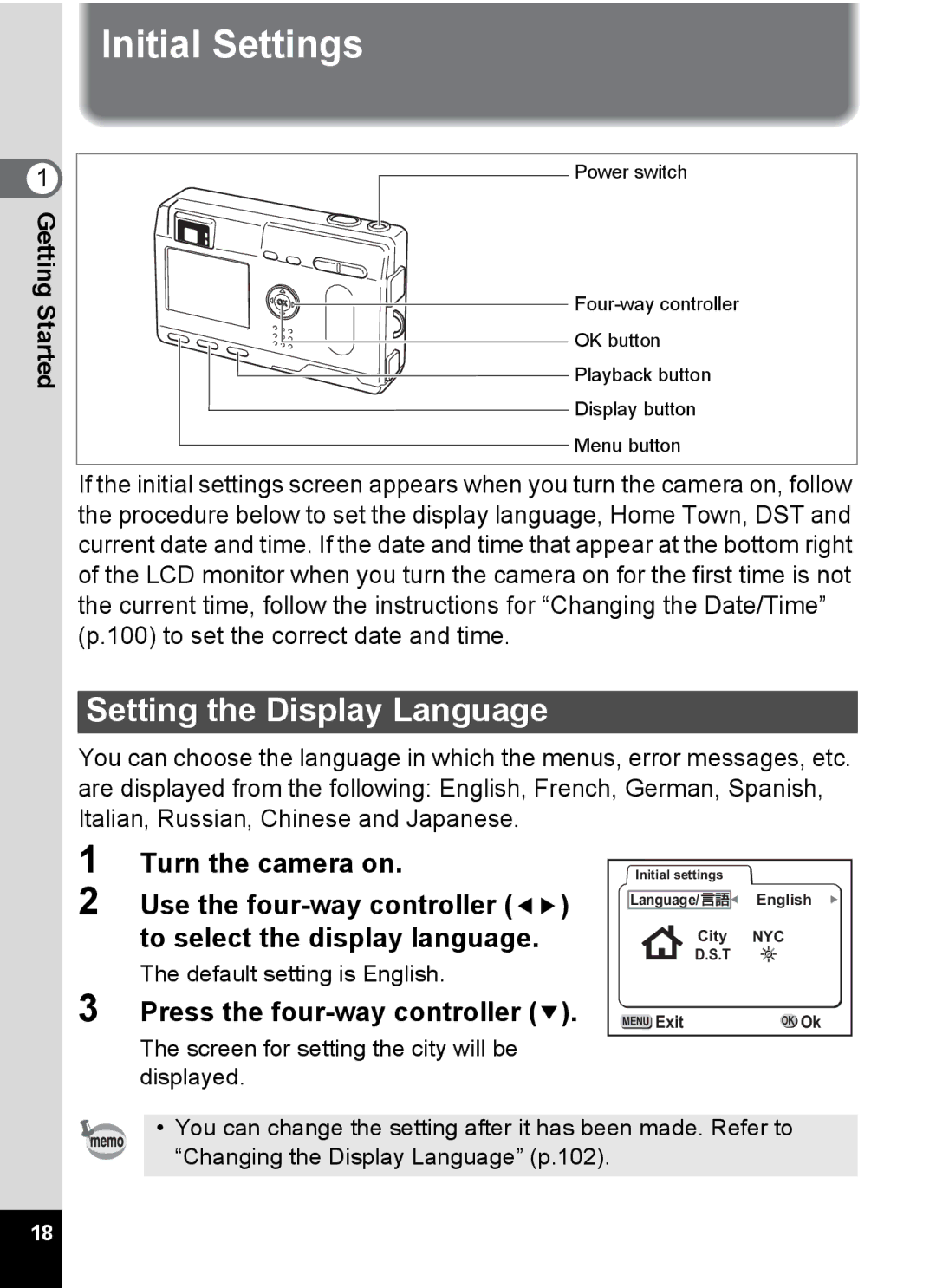 Pentax S4 manual Initial Settings, Setting the Display Language, Press the four-way controller 