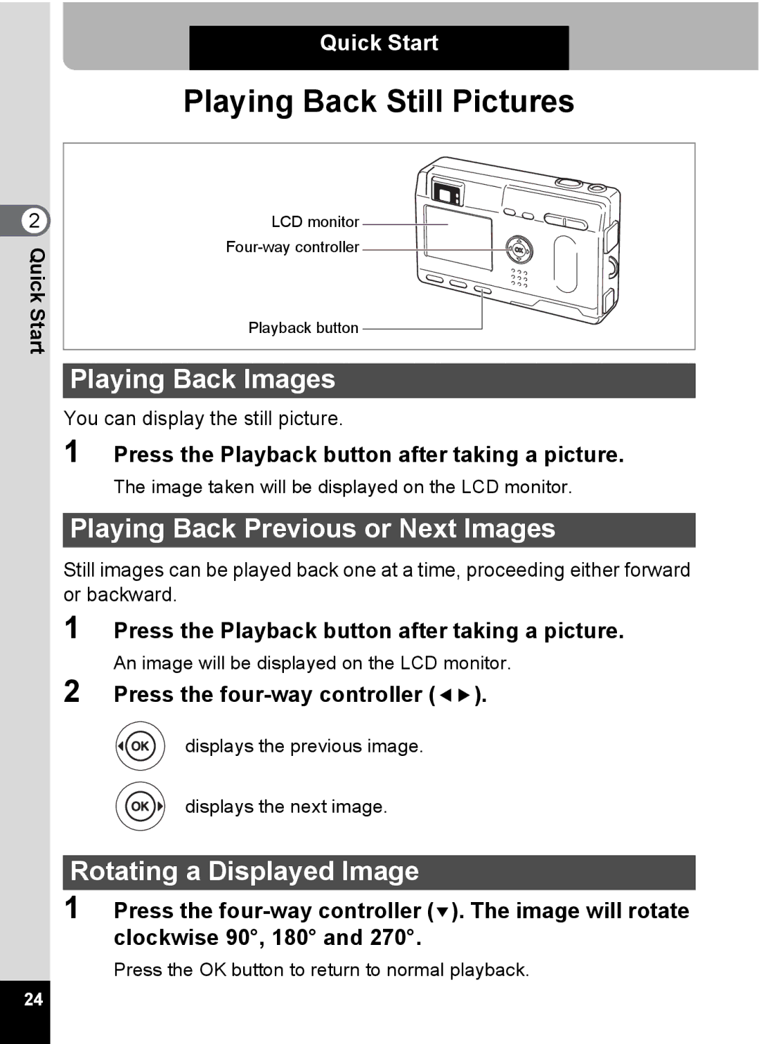 Pentax S4 manual Playing Back Images, Playing Back Previous or Next Images, Rotating a Displayed Image 