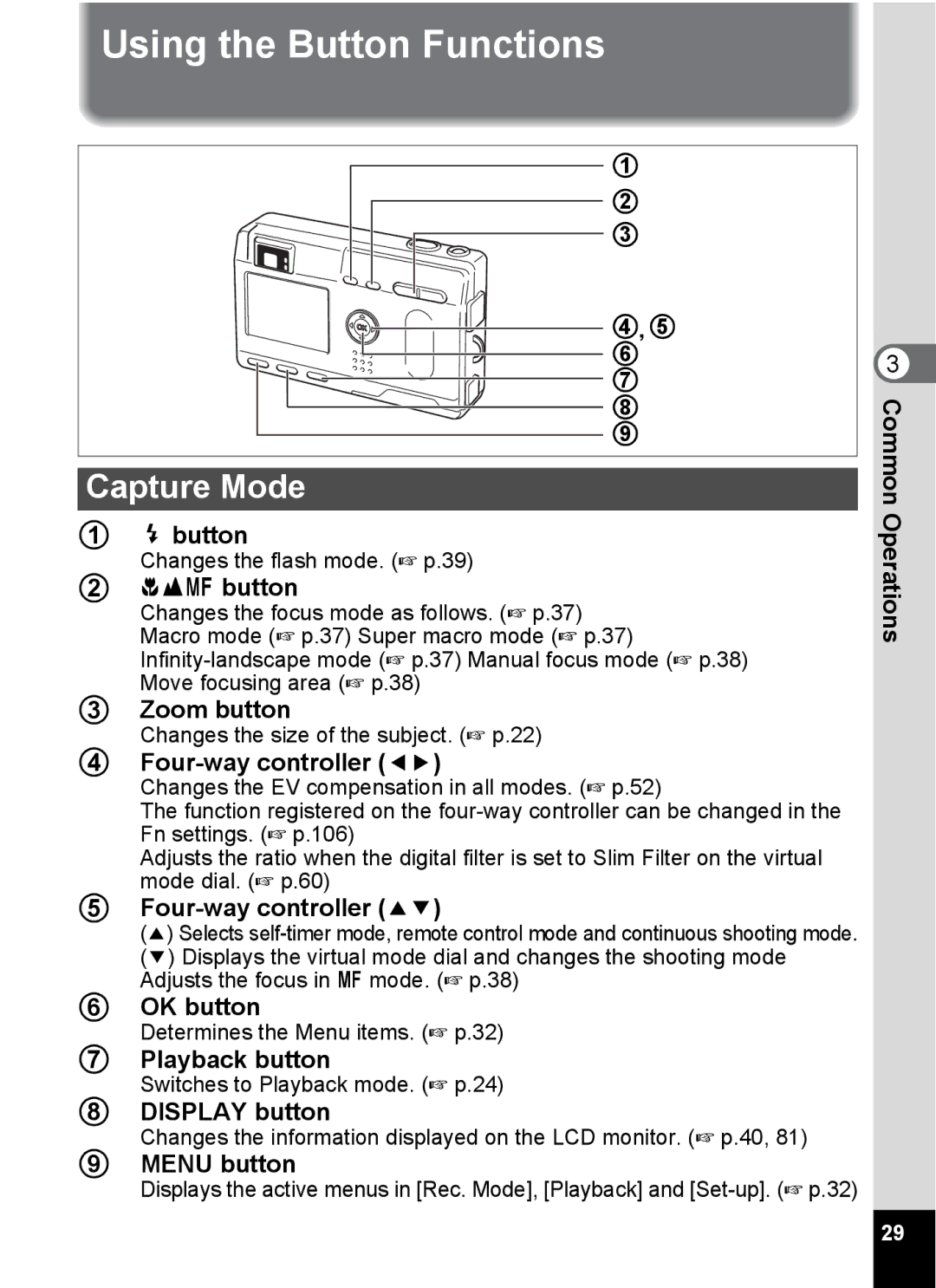 Pentax S4 manual Using the Button Functions, Capture Mode 