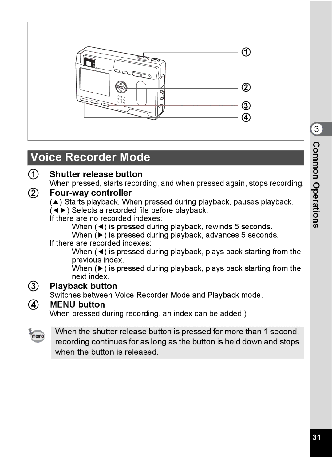 Pentax S4 manual Voice Recorder Mode, Shutter release button 