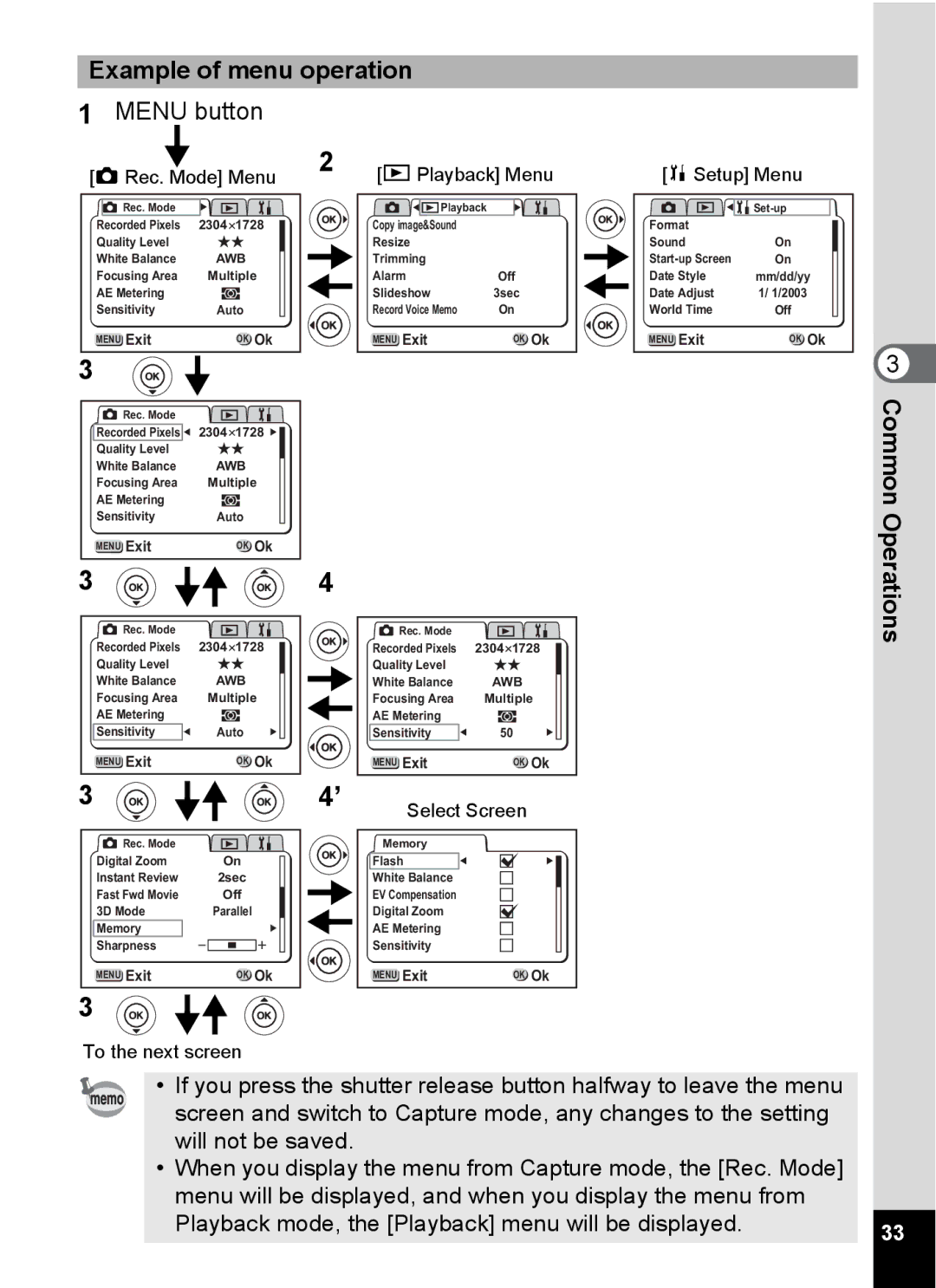 Pentax S4 manual Example of menu operation, Menu button 