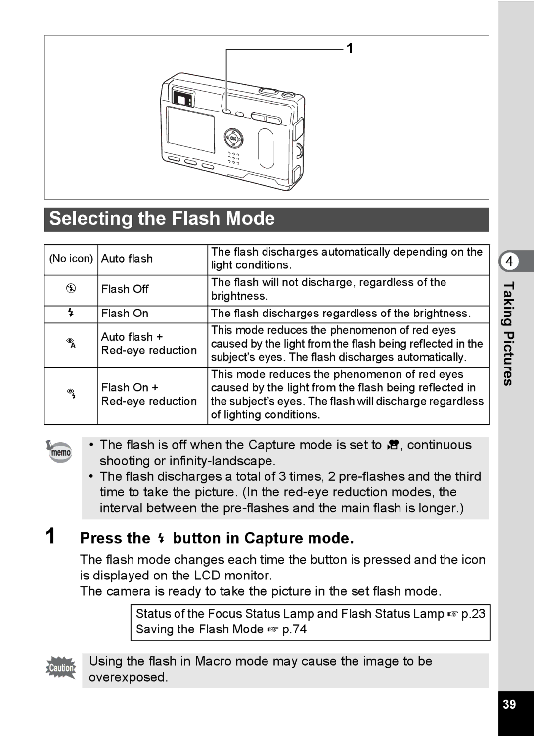 Pentax S4 manual Selecting the Flash Mode, Press the b button in Capture mode 