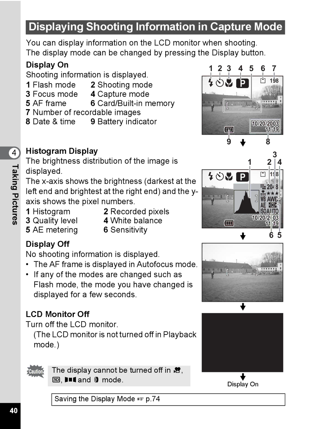 Pentax S4 Displaying Shooting Information in Capture Mode, Display On, Histogram Display, Display Off, LCD Monitor Off 