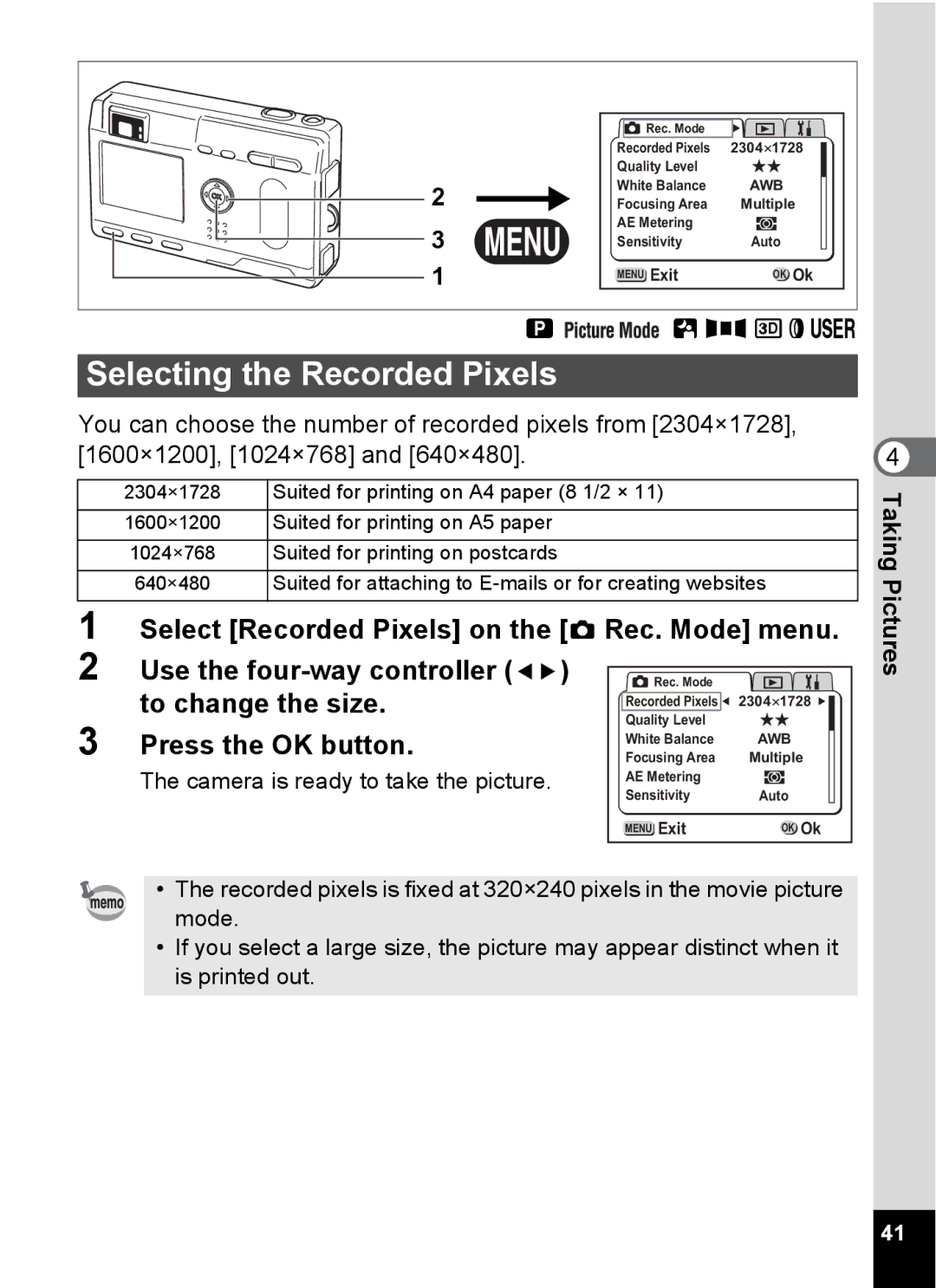 Pentax S4 manual Selecting the Recorded Pixels, Select Recorded Pixels on the a Rec. Mode menu, To change the size 