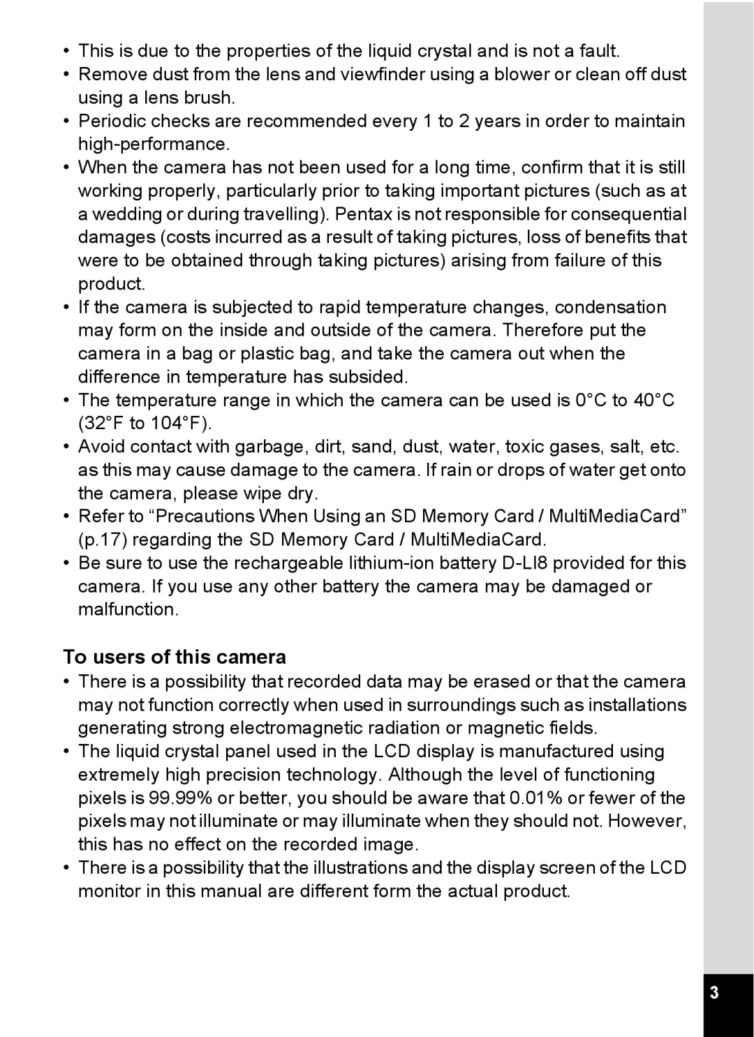 Pentax S4 manual To users of this camera 