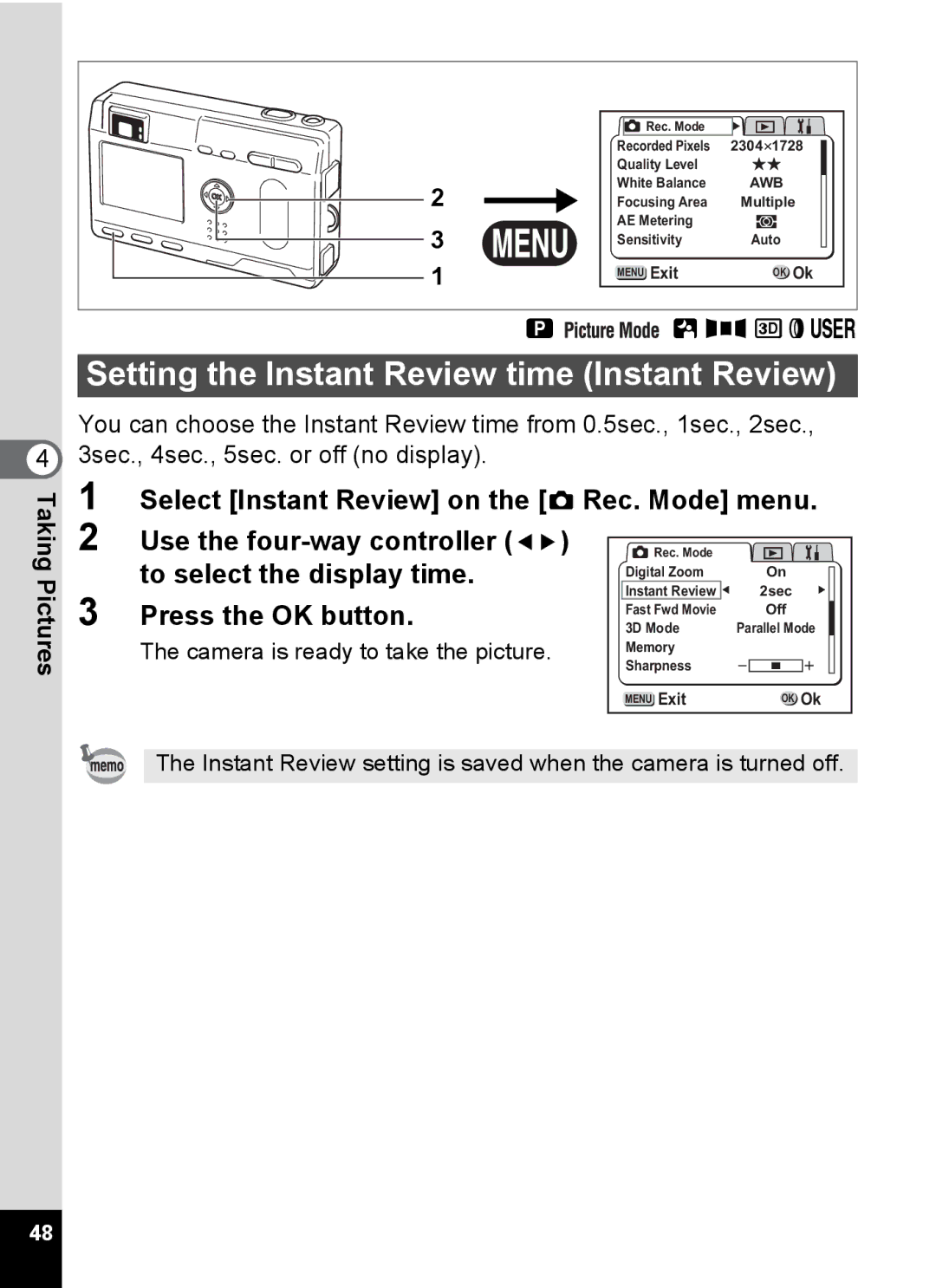 Pentax S4 manual Setting the Instant Review time Instant Review, Select Instant Review on the a Rec. Mode menu 