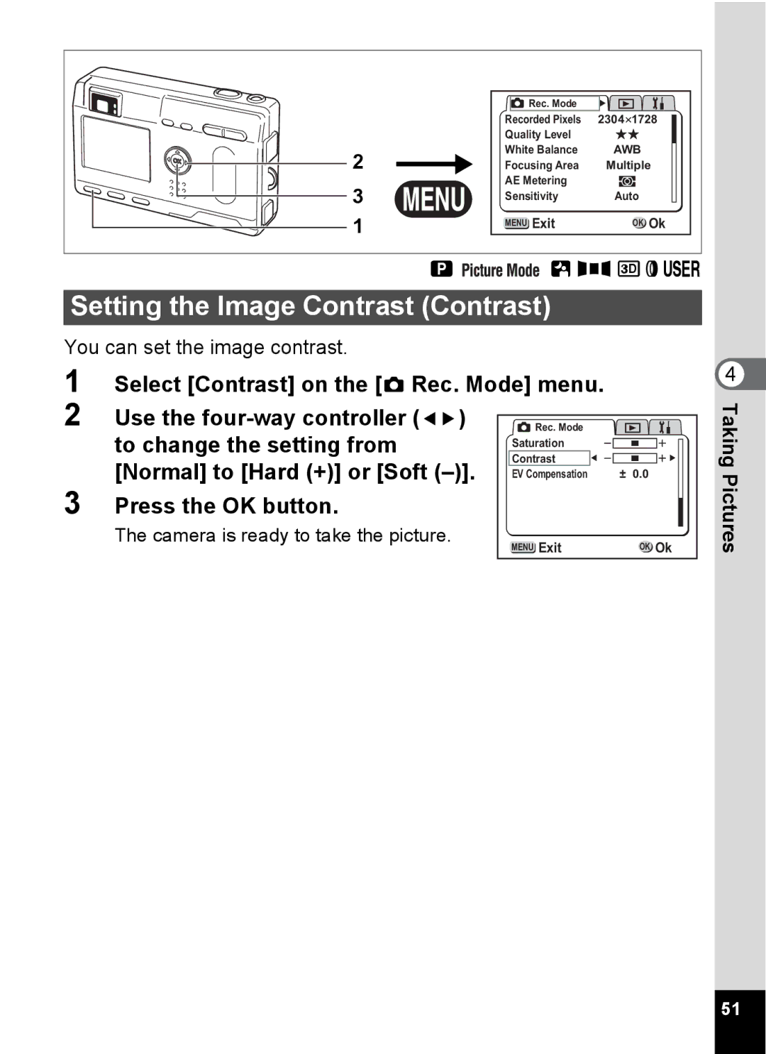 Pentax S4 manual Setting the Image Contrast Contrast, Pictures 