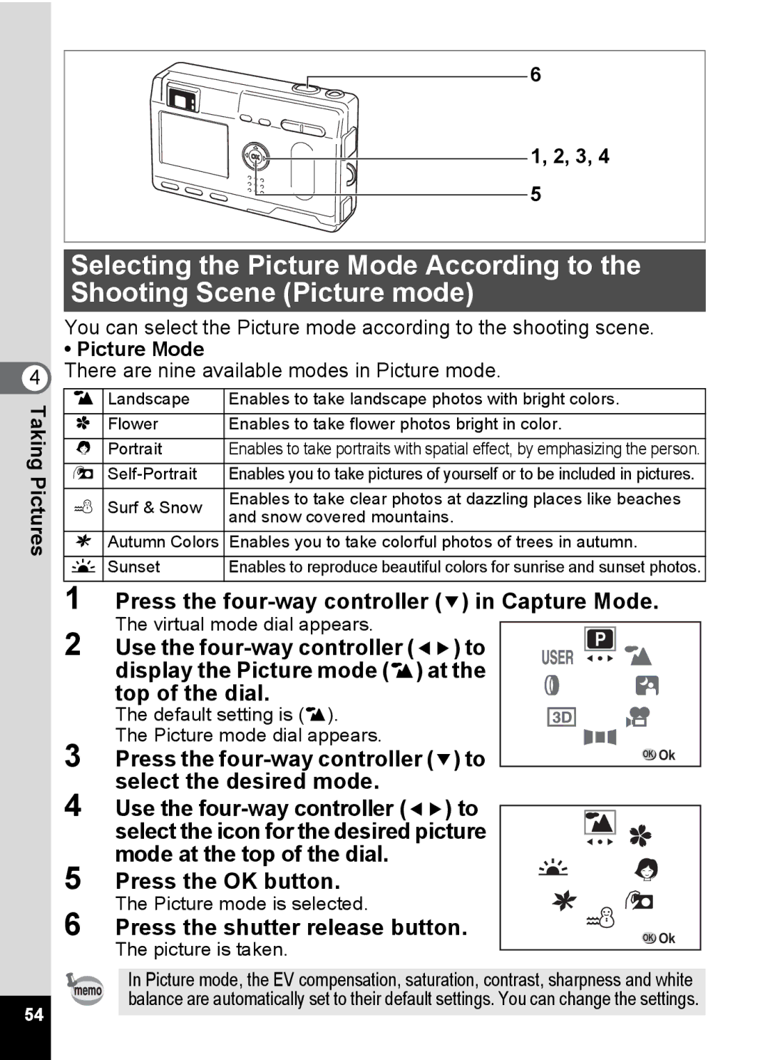 Pentax S4 manual Mode at the top of the dial Press the OK button, Picture Mode, Select the icon for the desired picture 