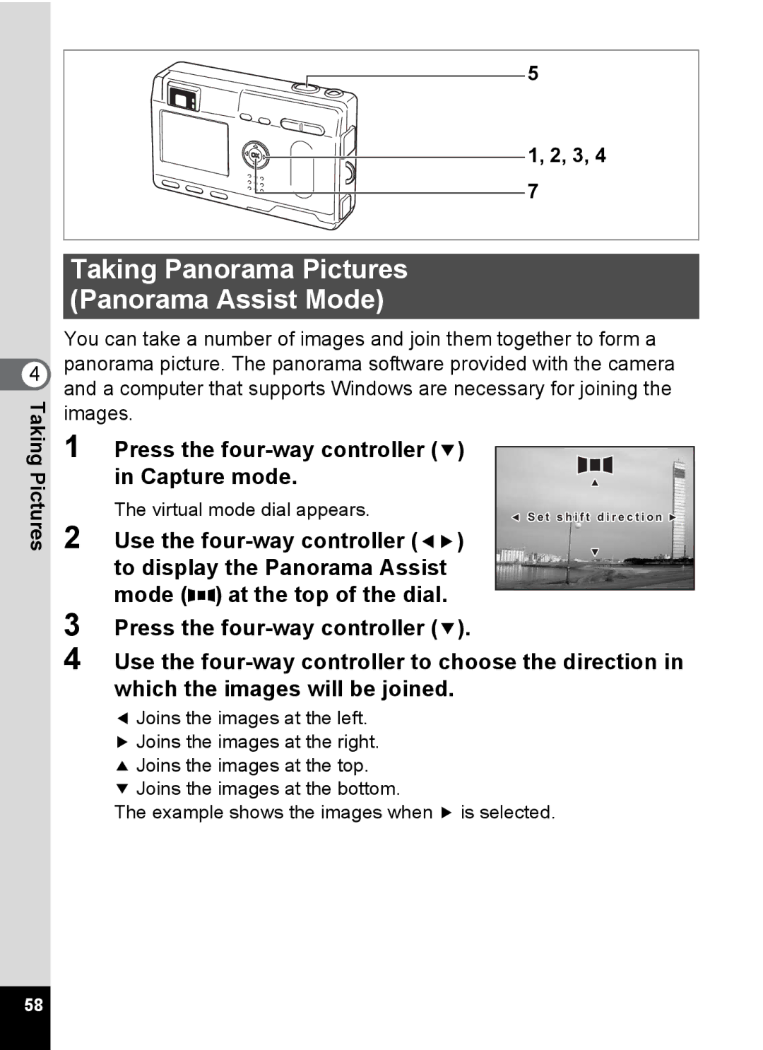 Pentax S4 manual Taking Panorama Pictures Panorama Assist Mode, 3, 4 