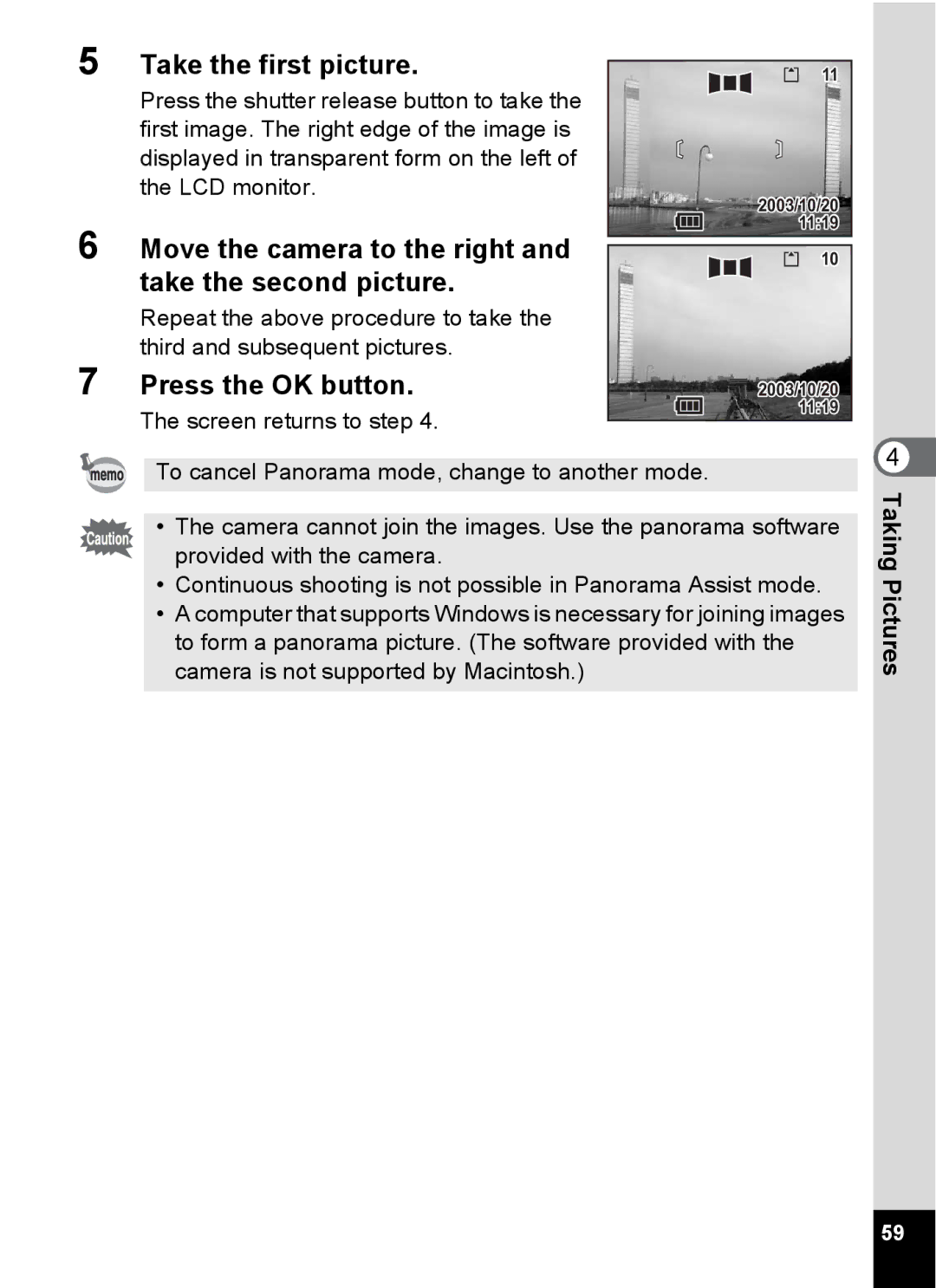 Pentax S4 manual Take the first picture, Move the camera to the right, Take the second picture 