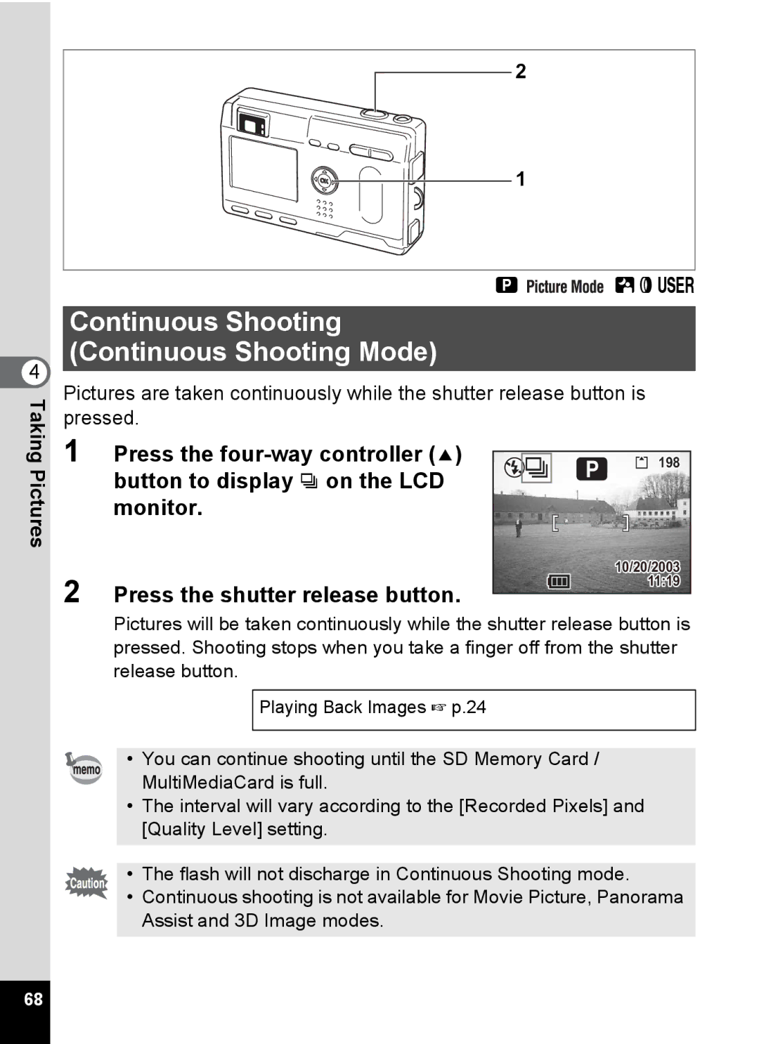 Pentax S4 manual Continuous Shooting Continuous Shooting Mode, Button to display j on the LCD Monitor, Bde 