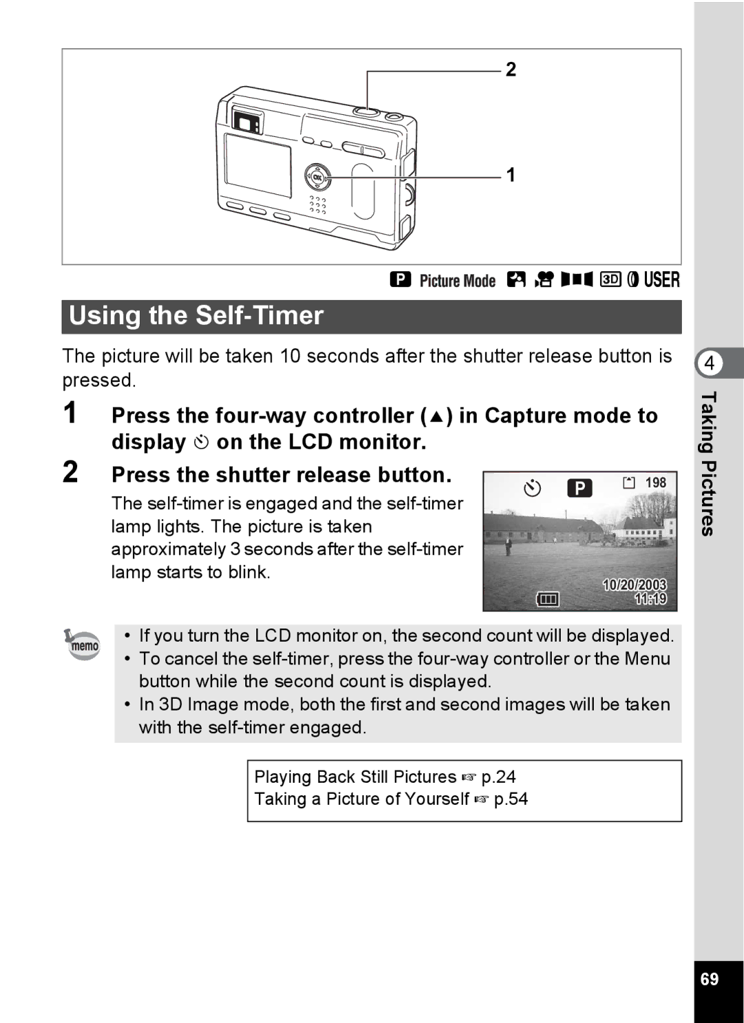 Pentax S4 manual Using the Self-Timer, C F Gde 