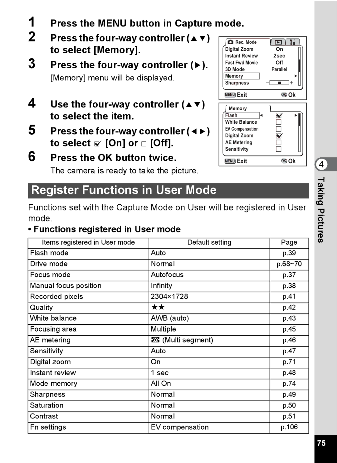 Pentax S4 manual Register Functions in User Mode, To select Memory, To select the item, To select O On or P Off 