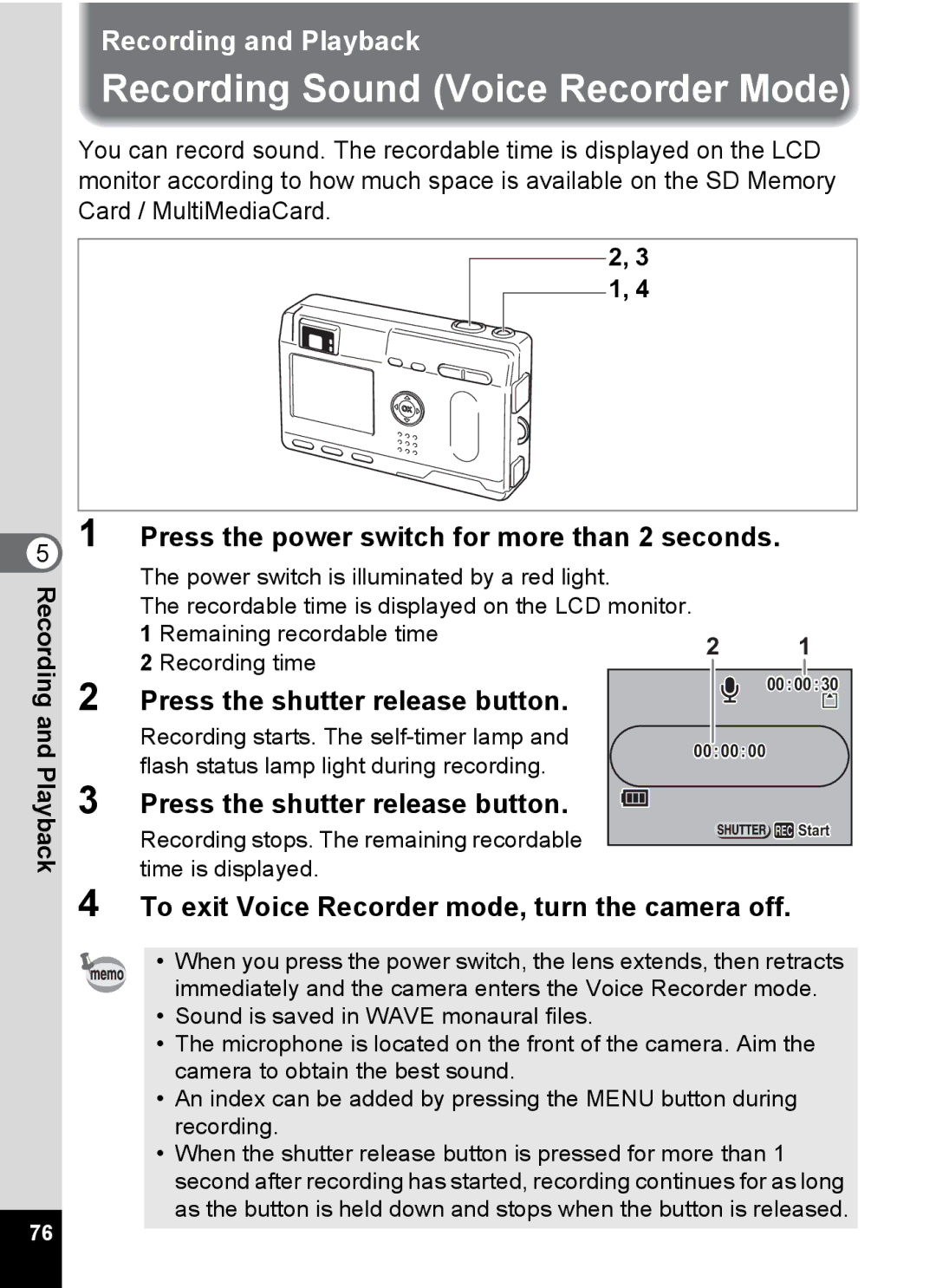 Pentax S4 manual Recording Sound Voice Recorder Mode, Press the power switch for more than 2 seconds, Playback 