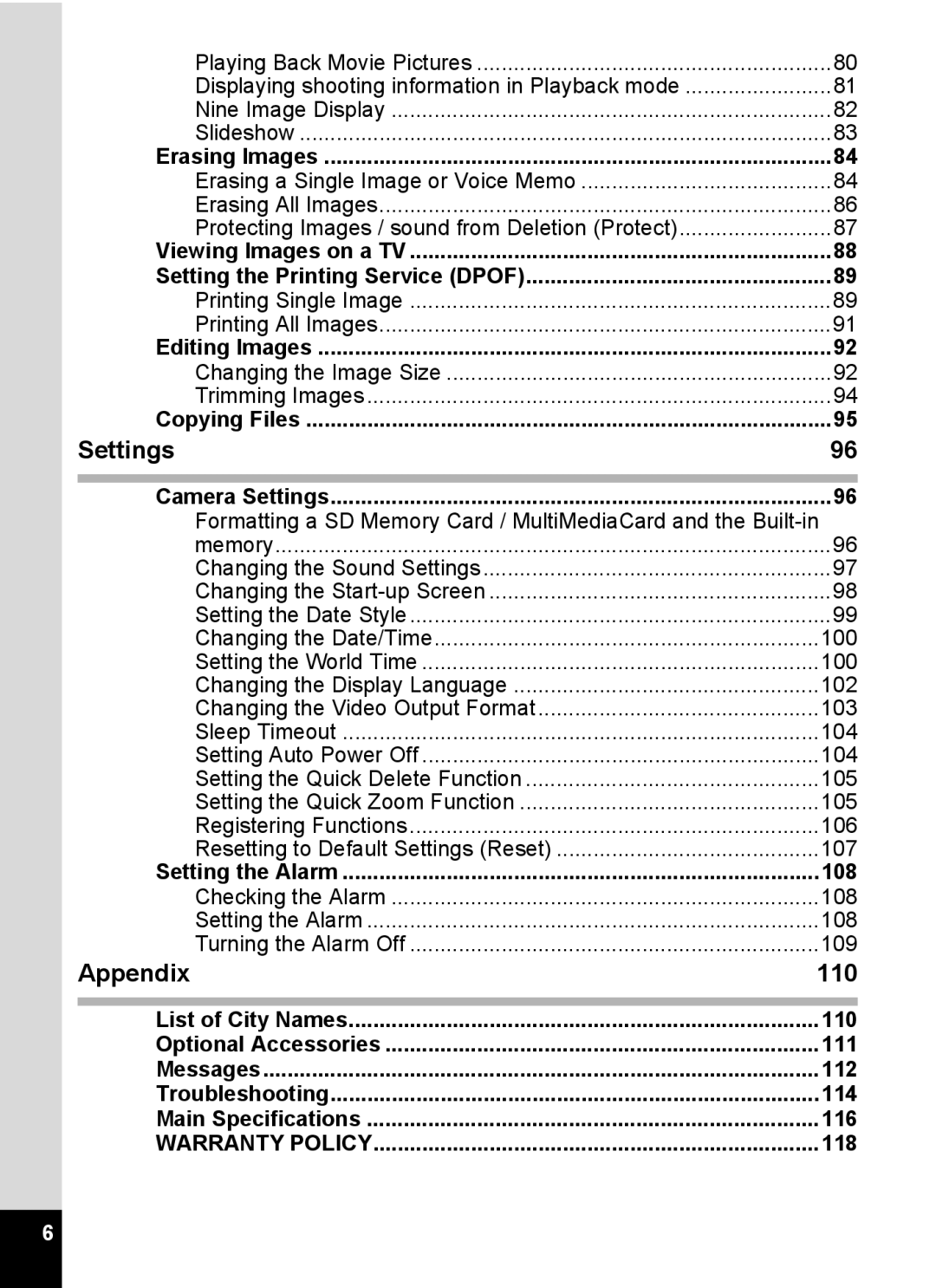 Pentax S4 manual Settings, Appendix 