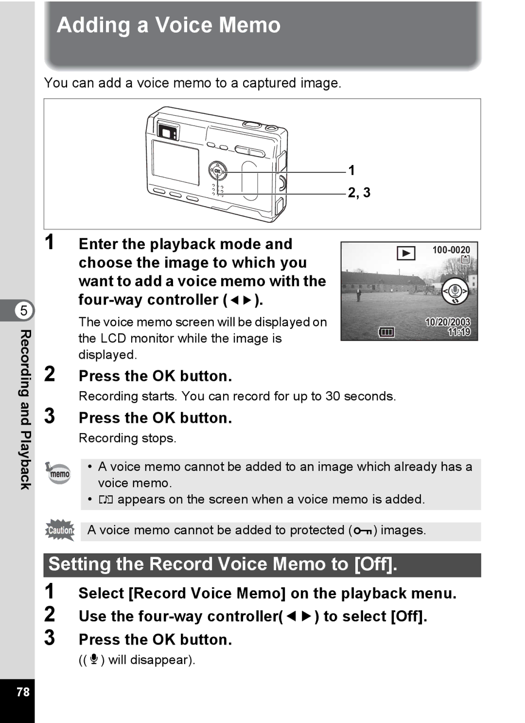 Pentax S4 manual Adding a Voice Memo, Setting the Record Voice Memo to Off, Enter the playback mode 