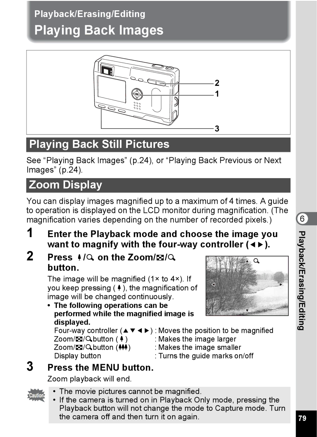 Pentax S4 manual Playing Back Images, Playing Back Still Pictures, Zoom Display 