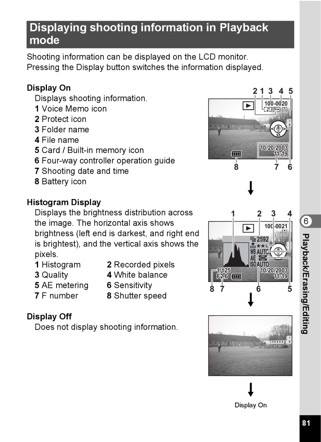 Pentax S4 manual Displaying shooting information in Playback mode, Display On 