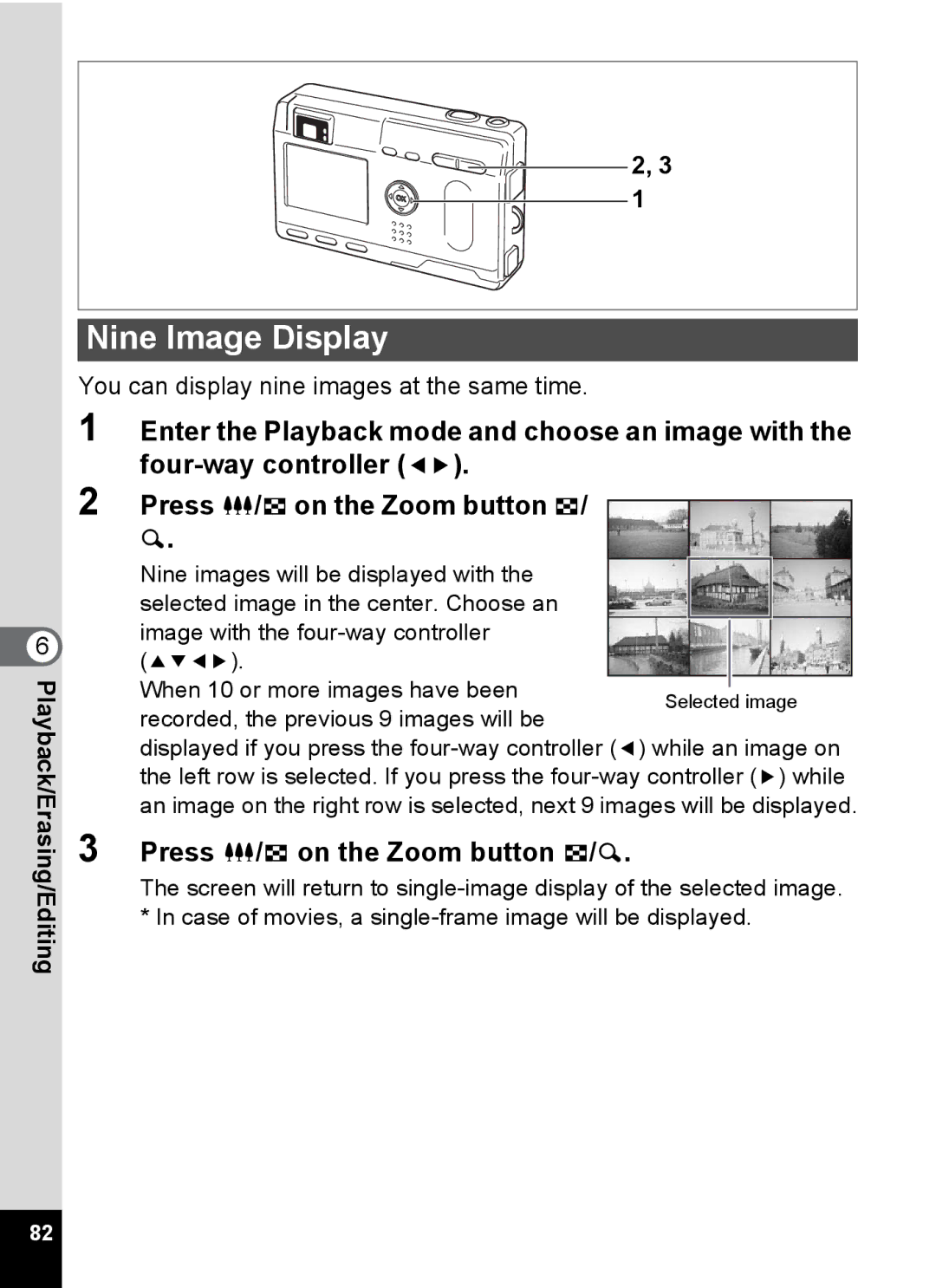 Pentax S4 manual Nine Image Display, Press w/f on the Zoom button f/y 