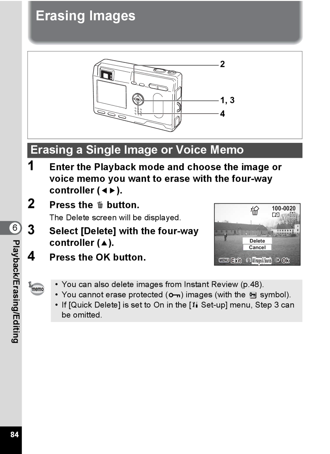 Pentax S4 manual Erasing Images, Erasing a Single Image or Voice Memo 