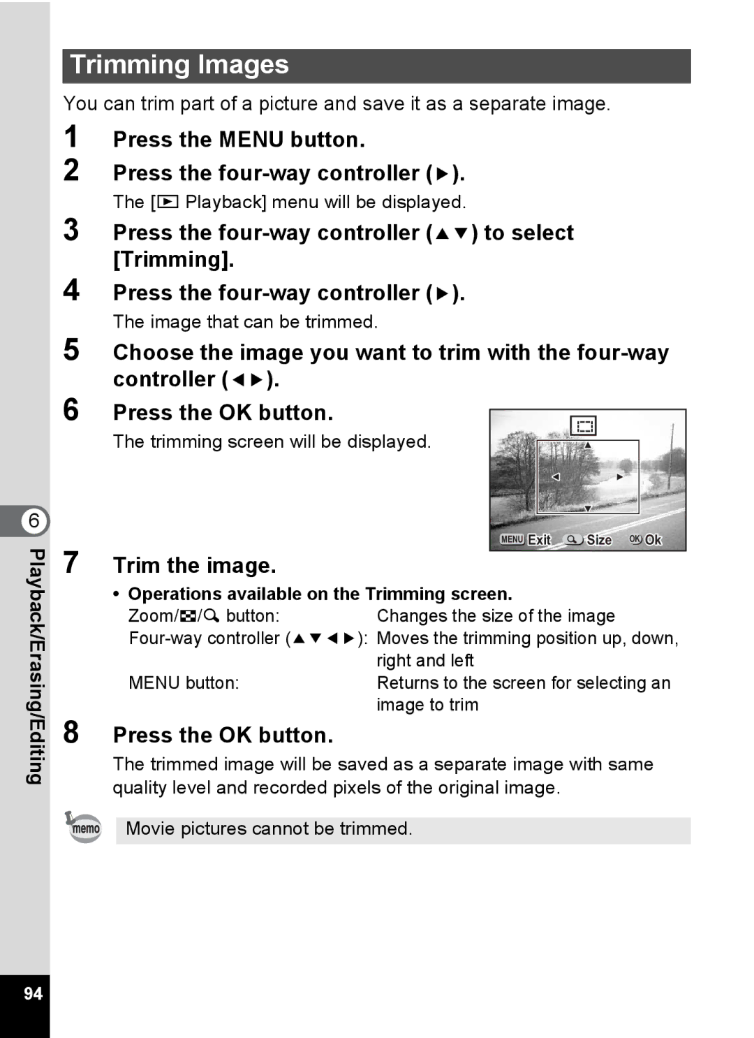 Pentax S4 manual Trimming Images, Press the four-way controller 23 to select Trimming, Trim the image 