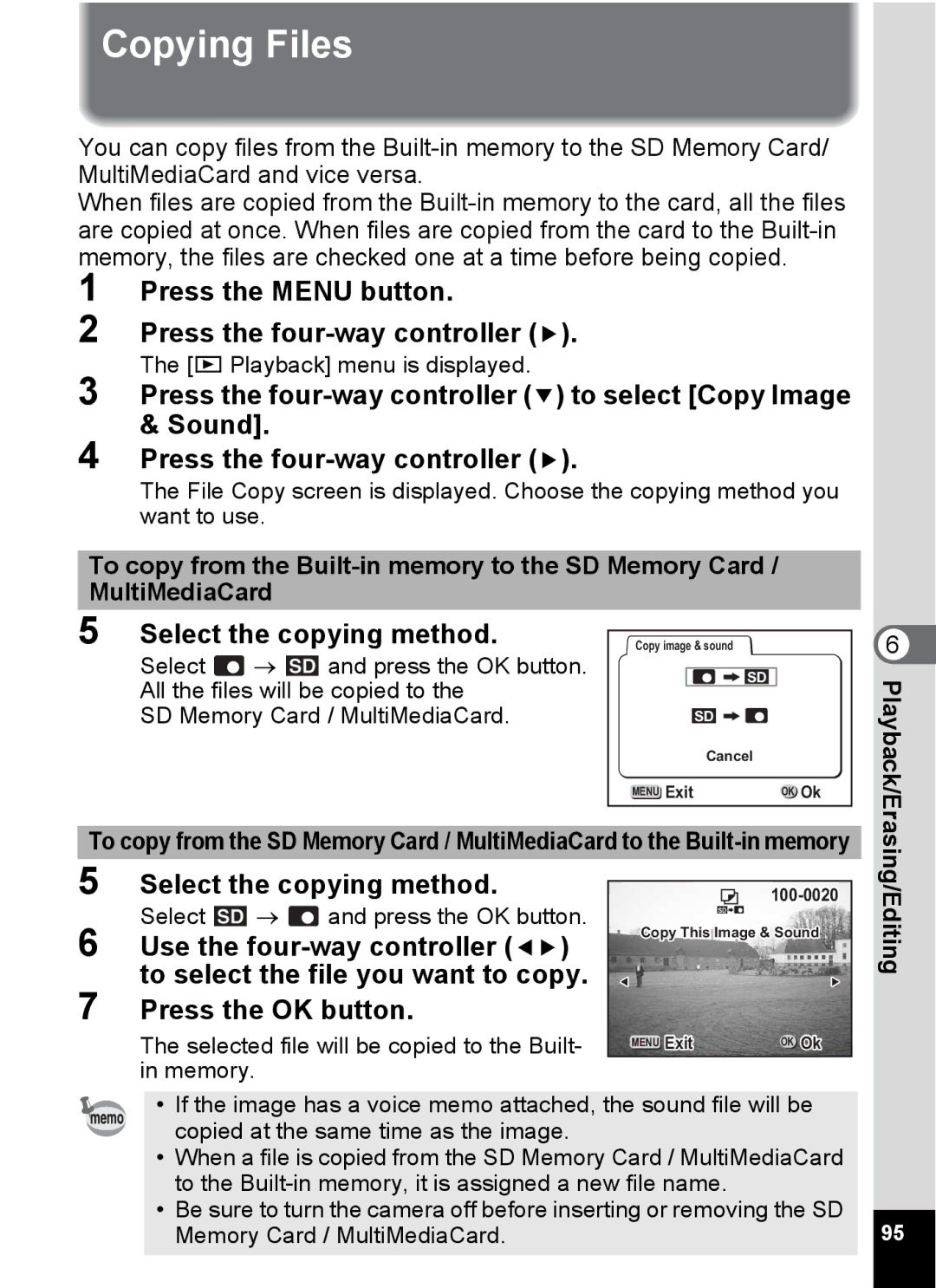 Pentax S4 manual Copying Files, Select the copying method, To select the file you want to copy Press the OK button 