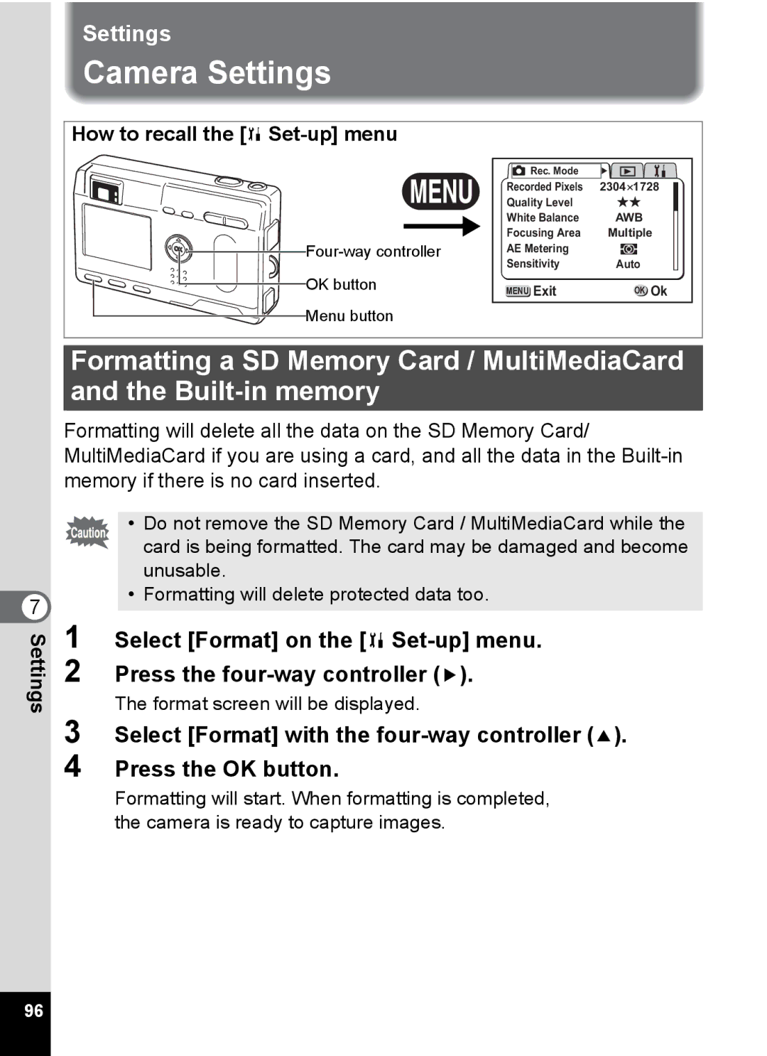 Pentax S4 manual Camera Settings, How to recall the B Set-up menu 